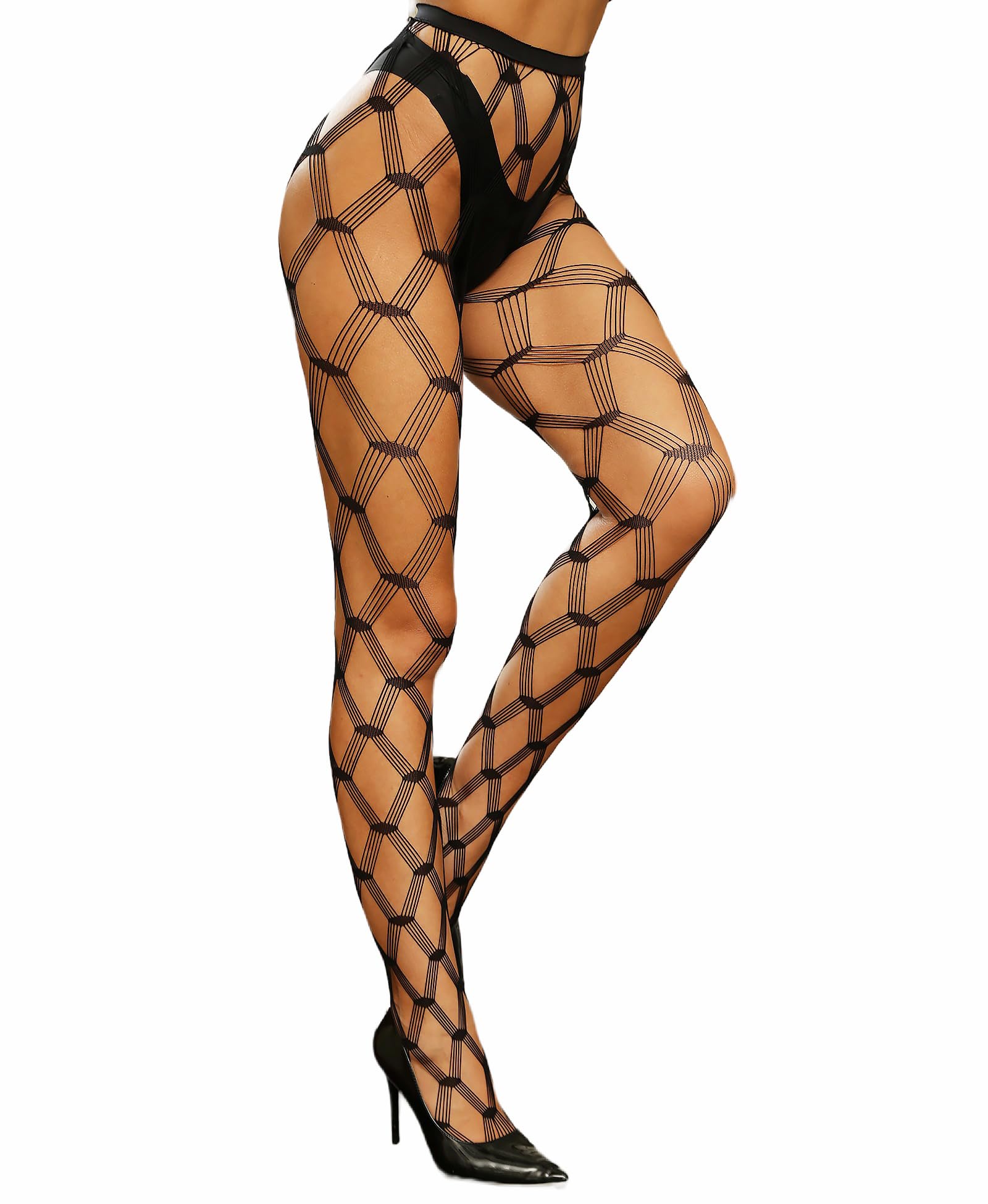 RSLOVE Sexy High Waist Fishnet Stockings for Women - Patterned Thigh High Suspenders Pantyhose One Size - Perfect for Halloween, Cosplay & Night Out Outfits