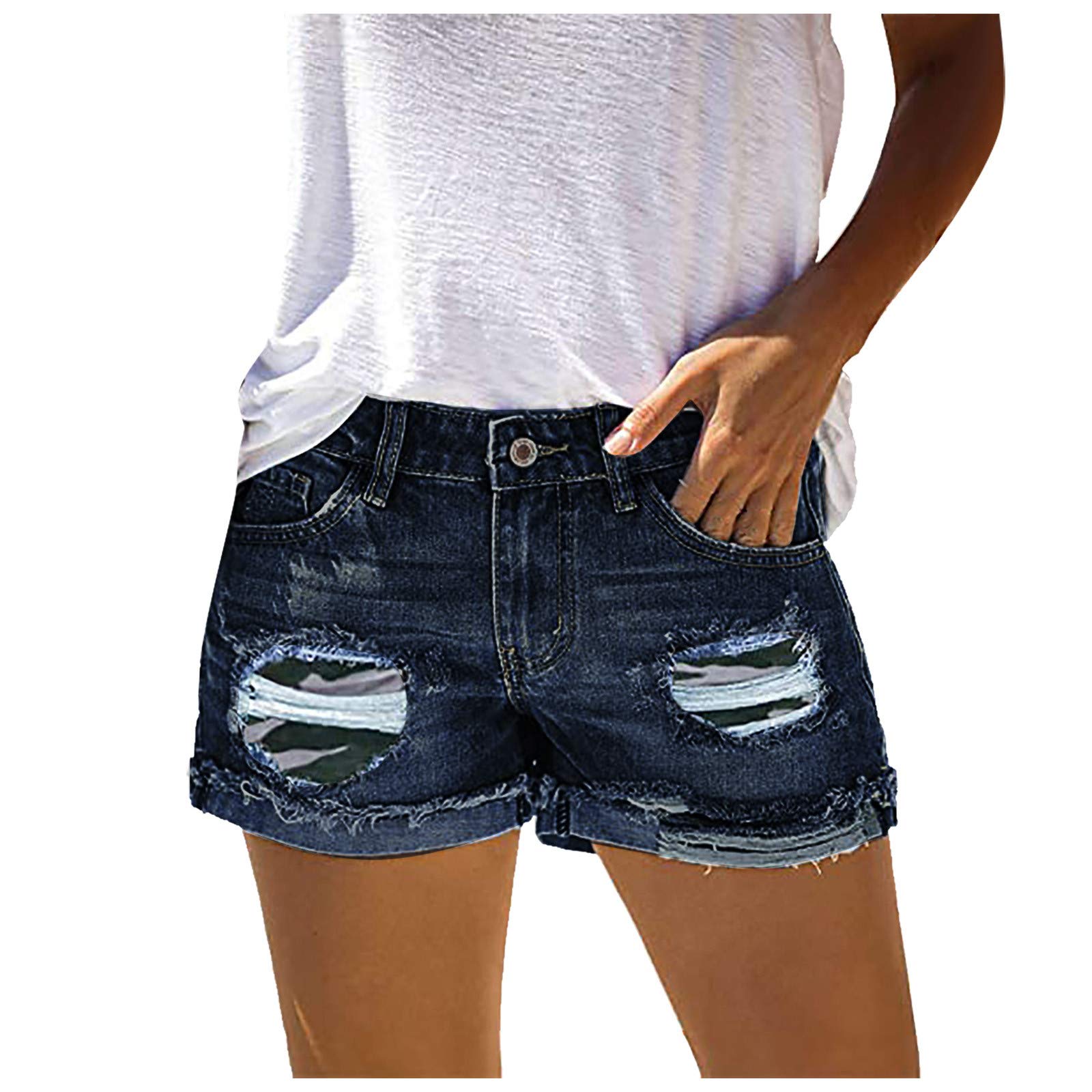 Bnaona Women's High Waisted Ripped Denim Shorts with Button Fly - Distressed Frayed Hem Casual Jean Shorts for Summer Outfits, Beach Vacations & Street Style Fashion