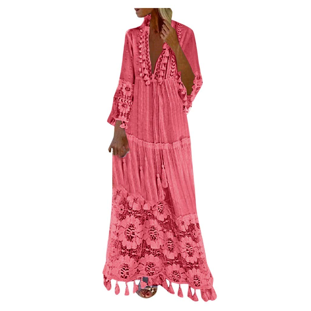 Hamovessi Women's Sexy V-Neck Long Sleeve Smocked Ruffle Summer Dress with Tassel - Elegant Evening Party & Beach Wear for Women | Perfect for Cocktail Parties, Vacations & Date Nights