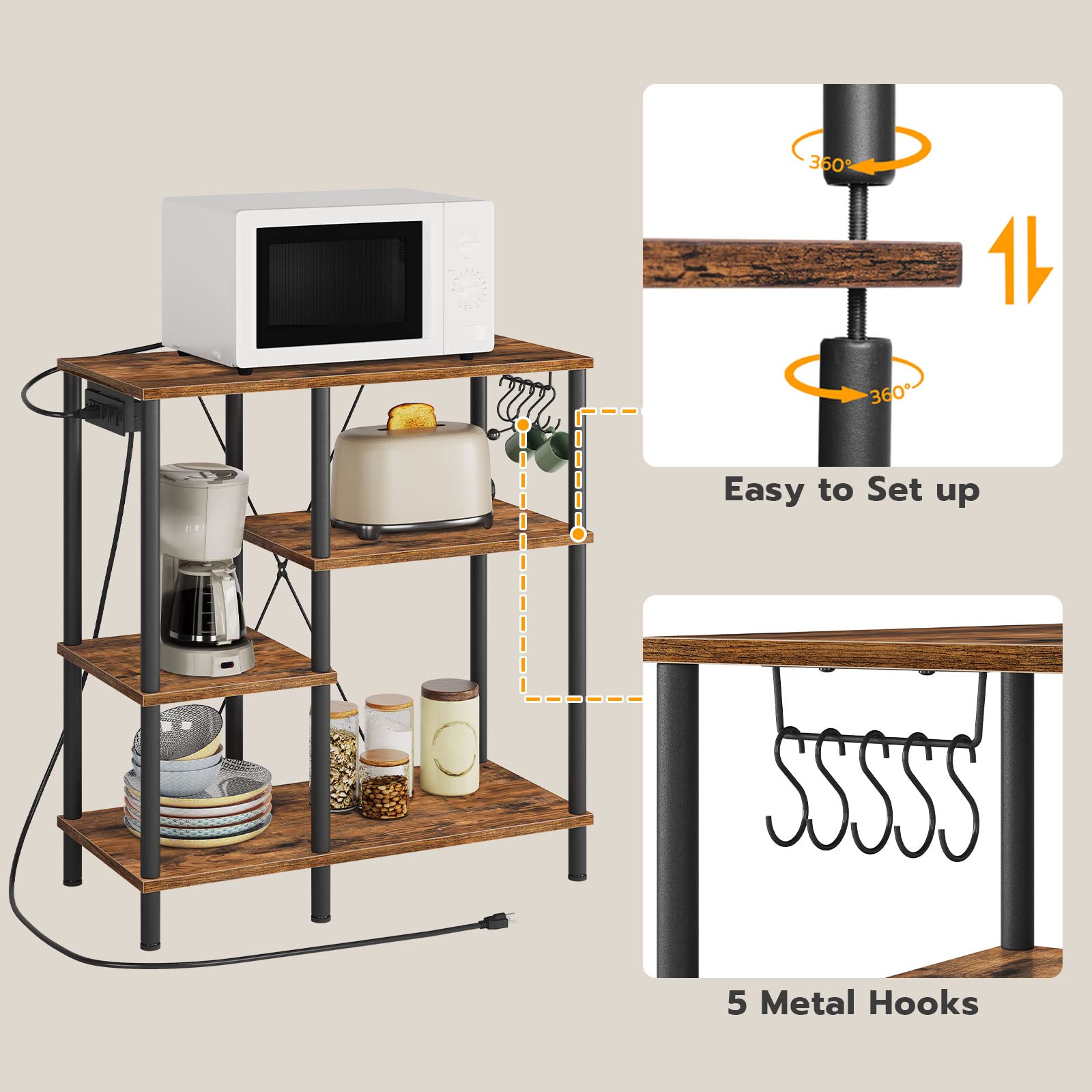 HOOBRO Rustic Brown and Black Bakers Rack with Power Outlet - Microwave Stand with 5 S-Shaped Hooks, Kitchen Storage Shelf & Coffee Bar Organizer - Perfect for Kitchen, Living Room, Dining Room, or Home Office (Model BF07UHB01)