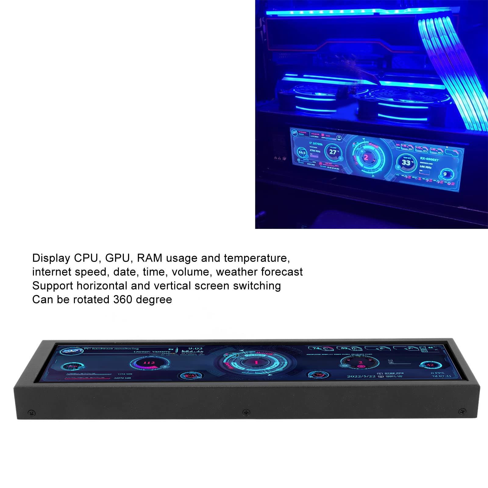 SUNGOOYUE 8.8 Inch USB Display Screen - 1920x480 Resolution CPU GPU SSD Temperature Monitor - Raspberry Pi Chassis Sub Screen for PC Builds & Gaming Rigs - Perfect for System Monitoring & DIY Projects