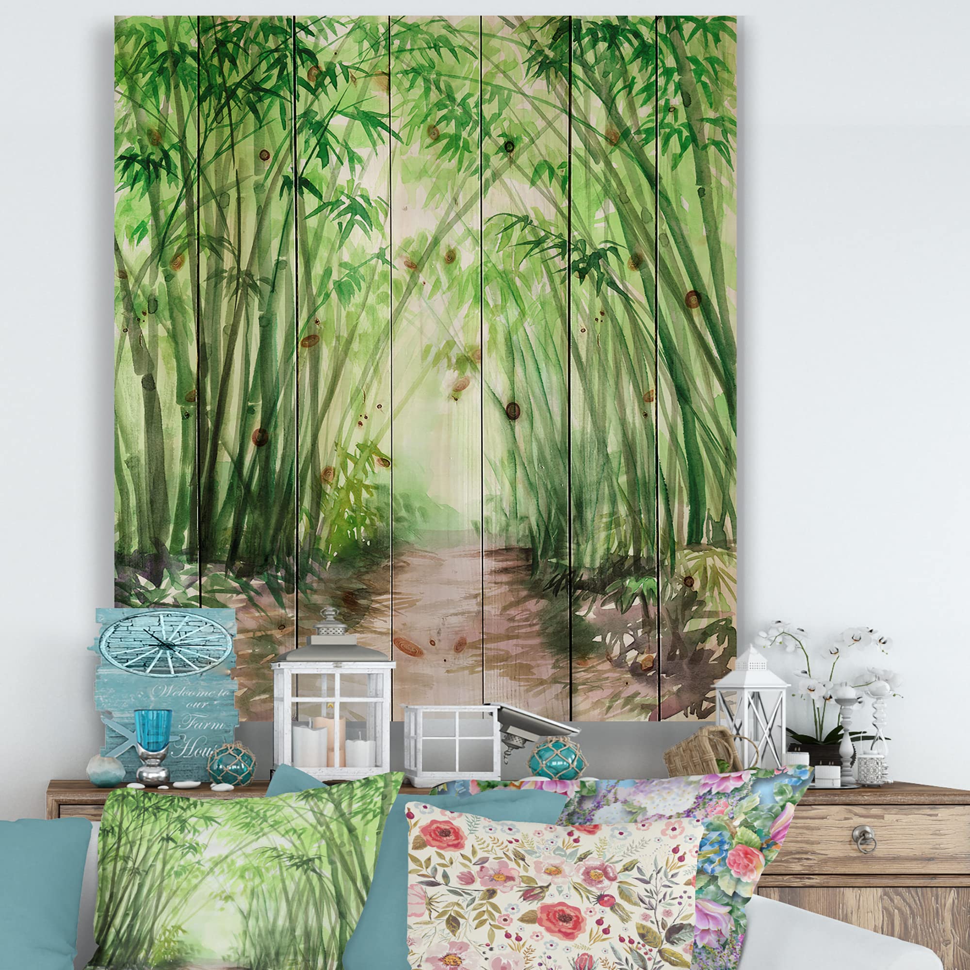 Little Road Bamboo Forest Wood Wall Art - Traditional Chinese Landscape Decor - Natural Pine Wood Panel Painting - Large Green Wall Decor for Living Room, Bedroom & Office