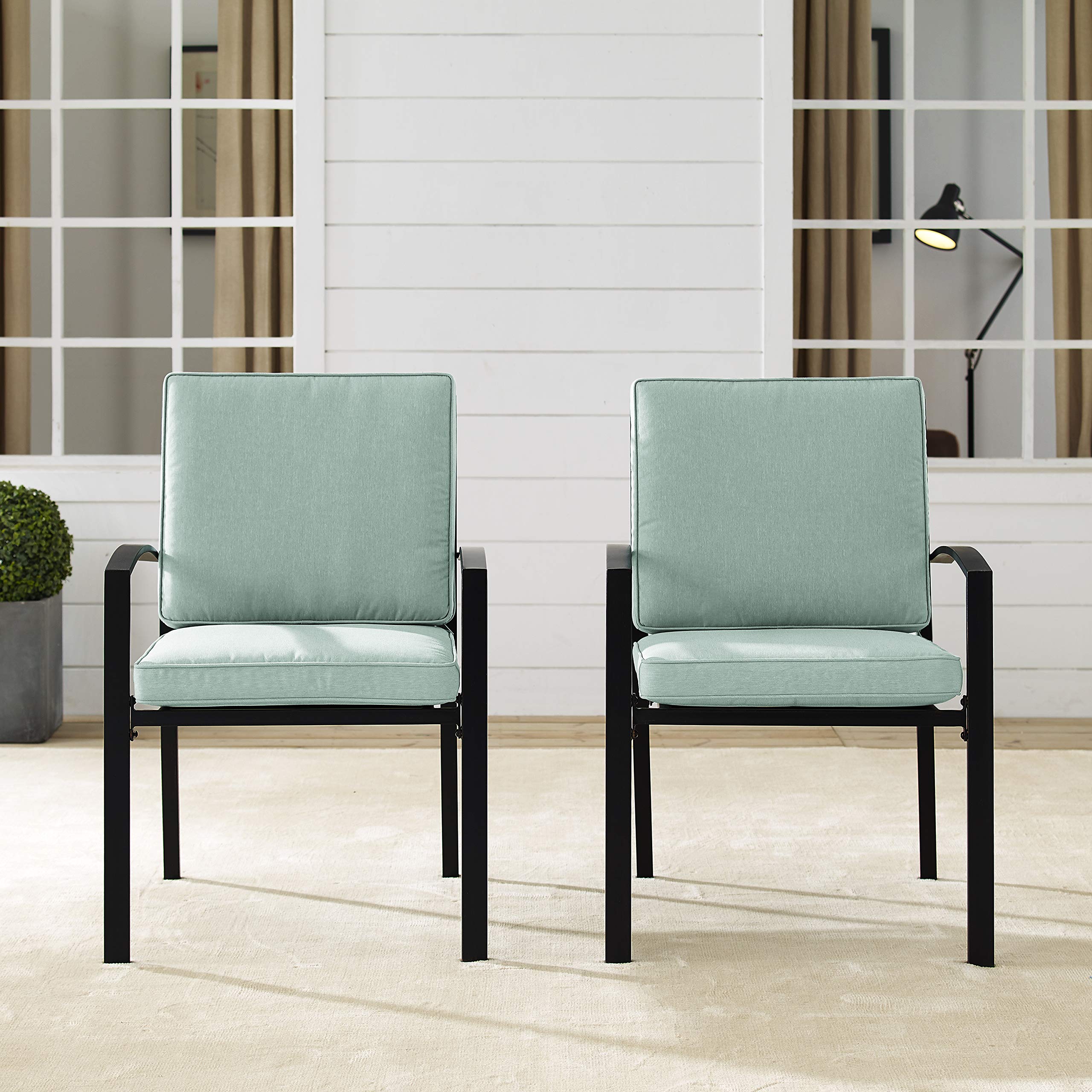 Crosley Kaplan 2-Piece Outdoor Dining Chair Set - Oiled Bronze Patio Chairs with Mist Cushions for Deck, Backyard, Garden & Poolside Relaxation
