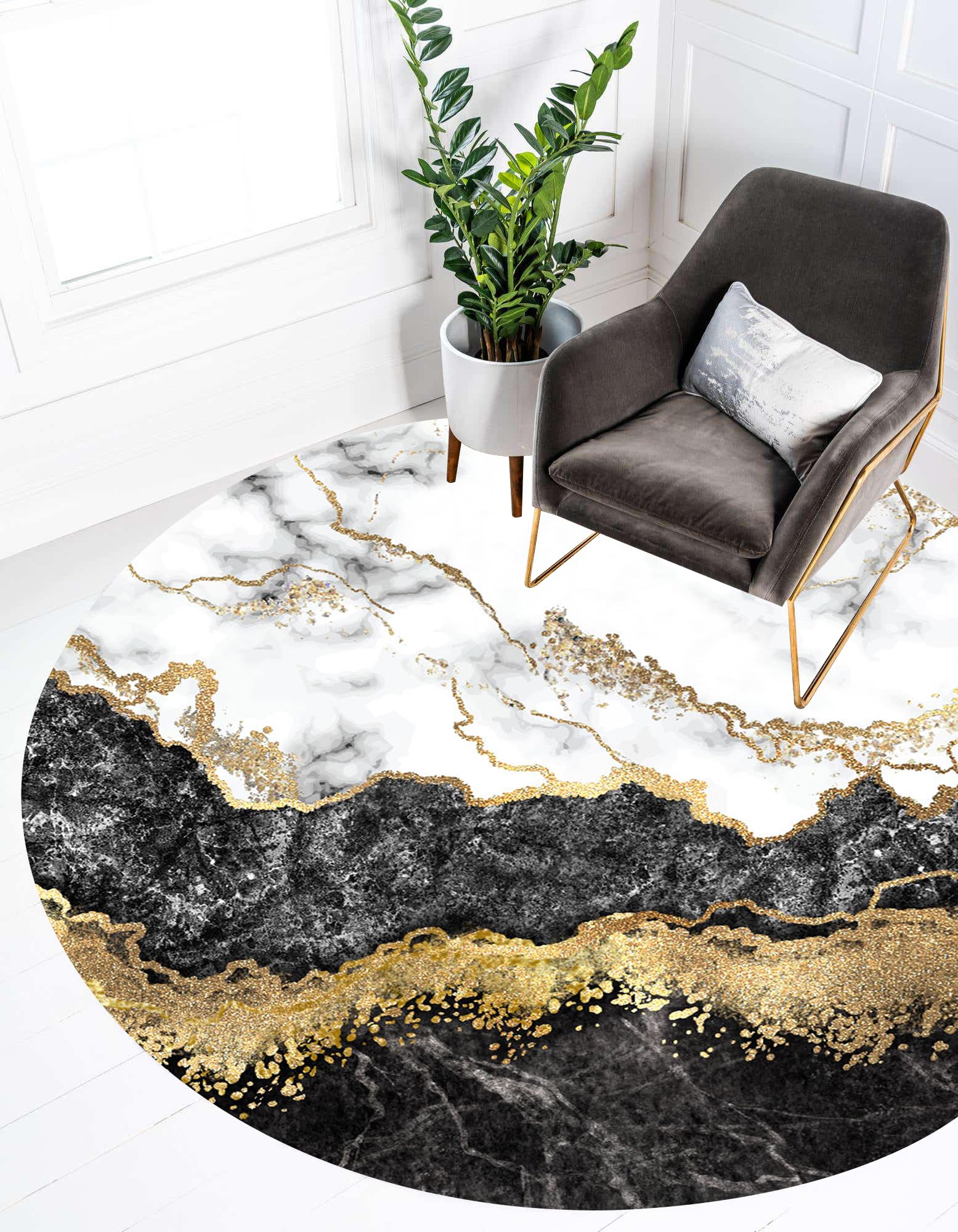Black Gold Marble Pattern Modern Abstract Round Area Rug - 6ft Soft Washable Faux Wool Circular Carpet for Living Room, Bedroom & Dining Room | Contemporary Home Decor, Boho Chic Floor Covering for Lounge, Nursery & Office Spaces