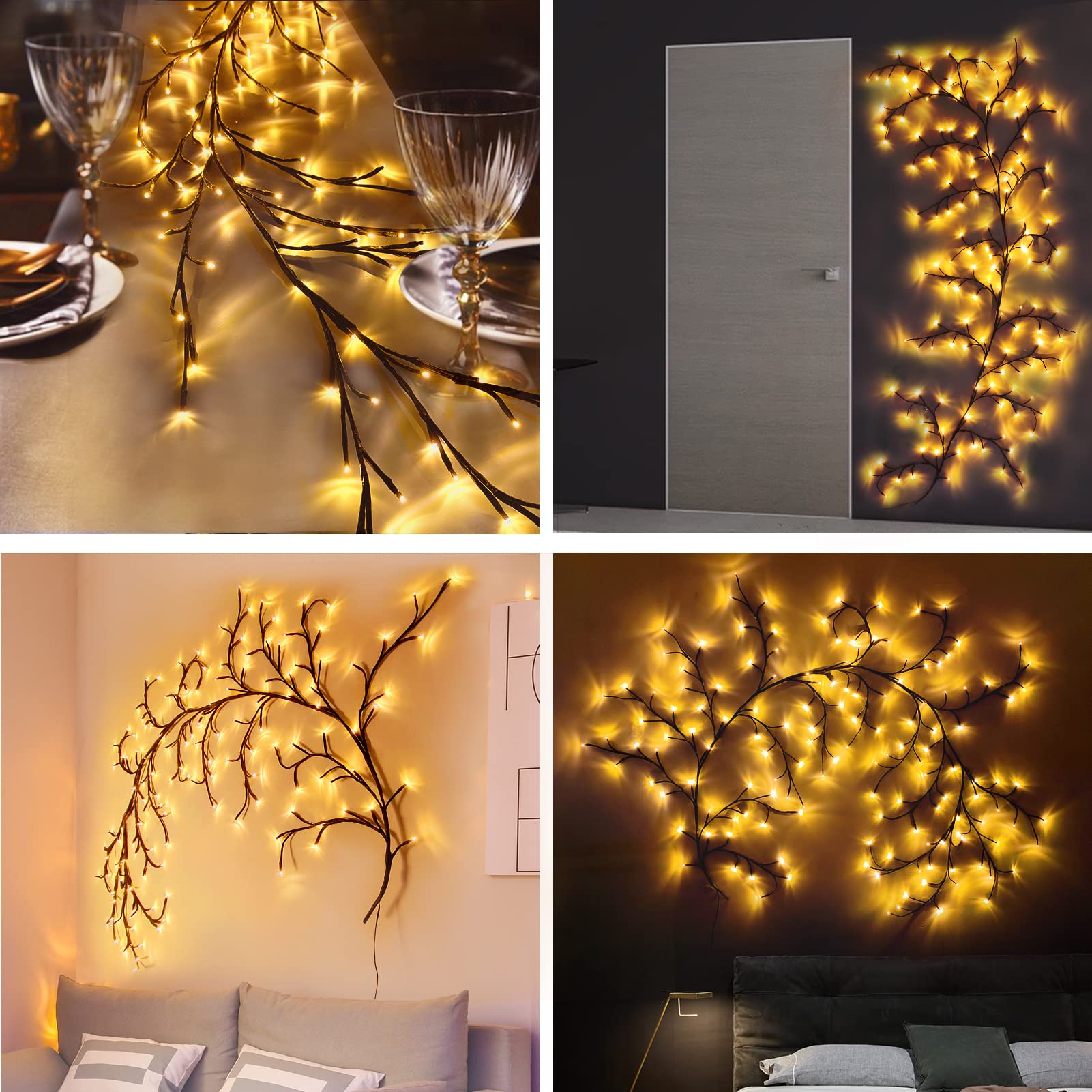 8FT Willow Vine Lights with Remote - 144 LED Fairy Lights for Indoor Wall Decor, Christmas Tree Branches, Enchanted Garden & Bedroom Lighting (1PCS) - Perfect for Home, Party & Wedding Decorations