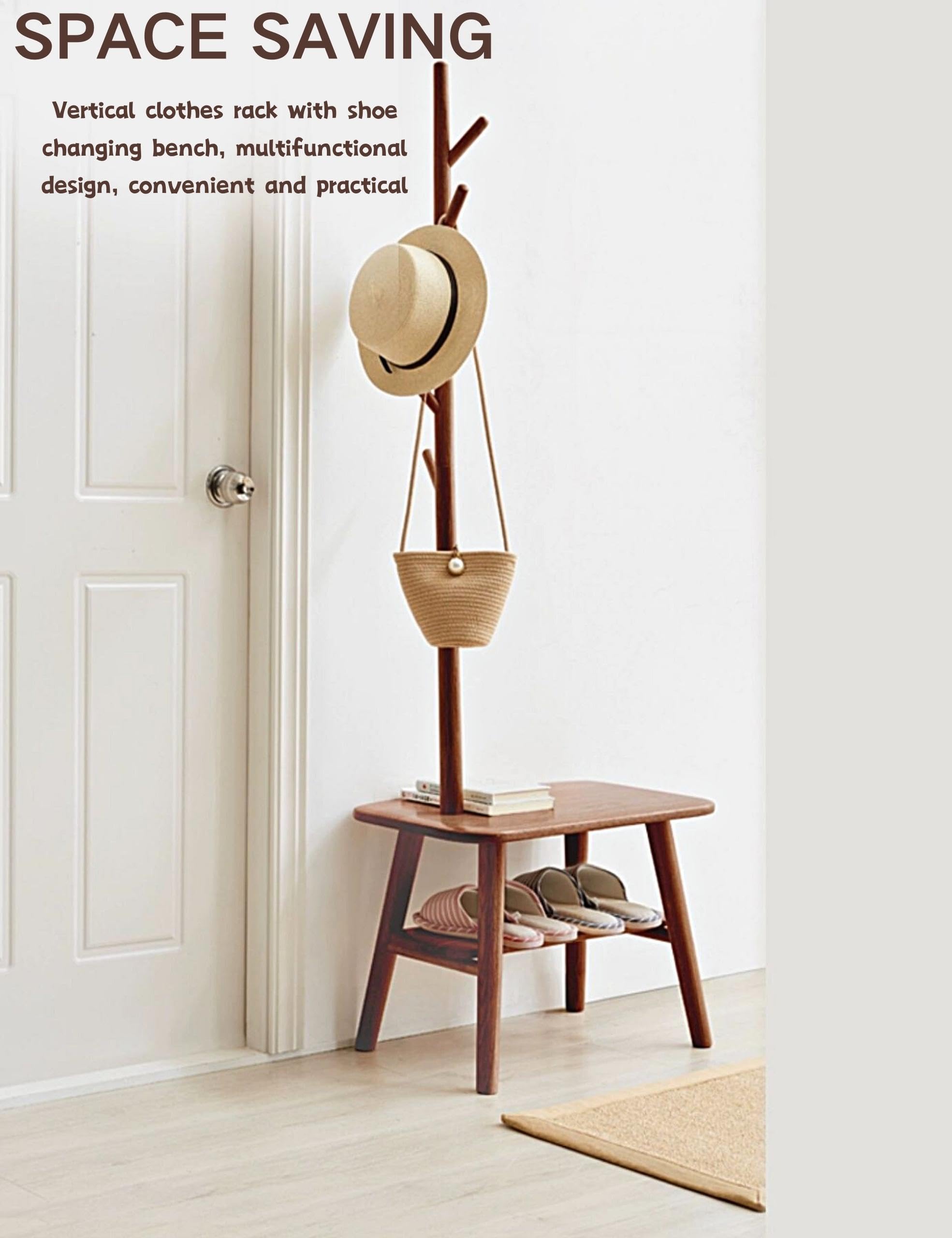 Solid Oak Coat Rack Shoe Bench with Storage - 31.5