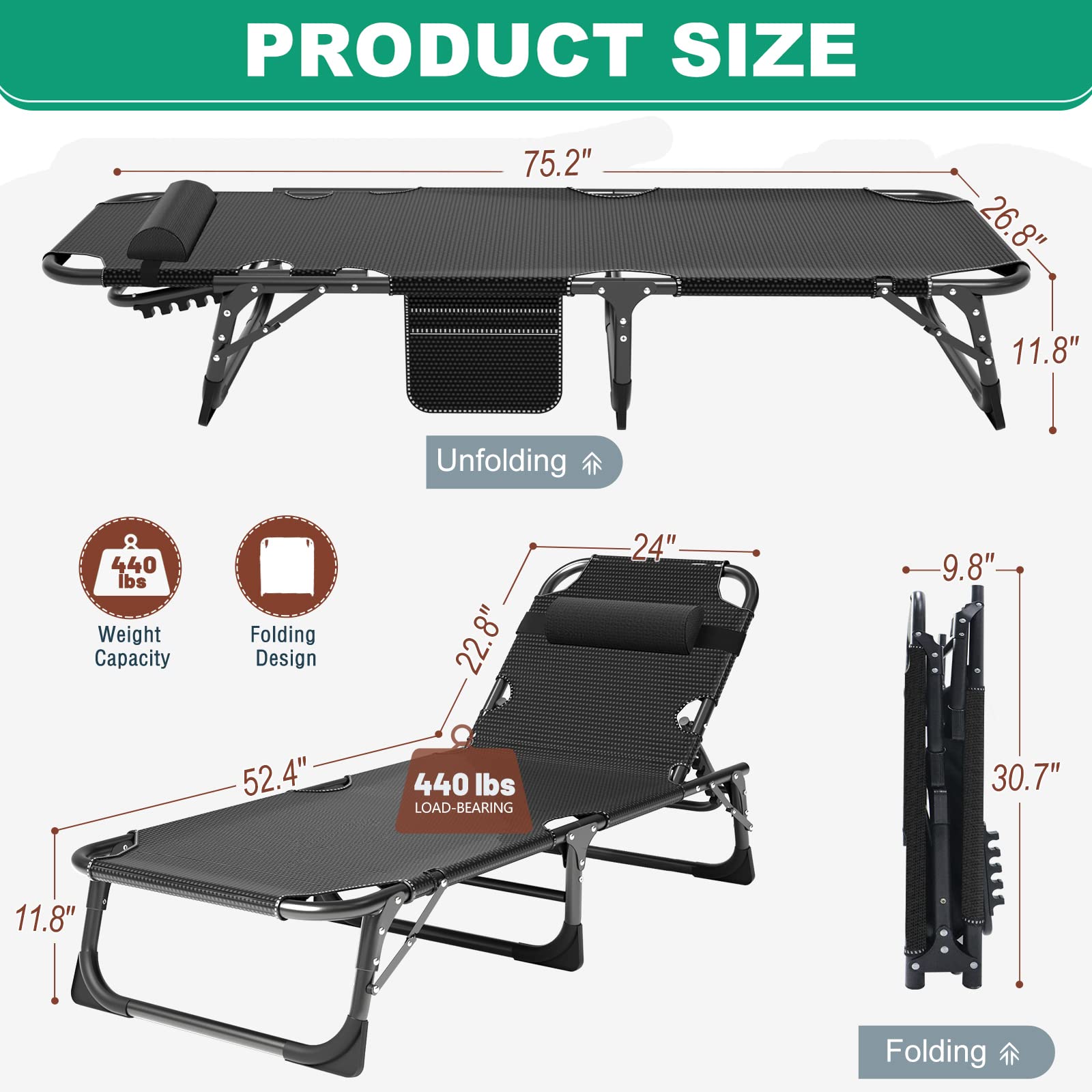 LILYPELLE Adjustable 4-Position Camping Cot - Heavy Duty 500lbs Capacity Foldable Chaise Lounge with Pillow - Portable Outdoor Furniture for Adults - Perfect for Camping, Backyard, Beach, Poolside & Patio Relaxation
