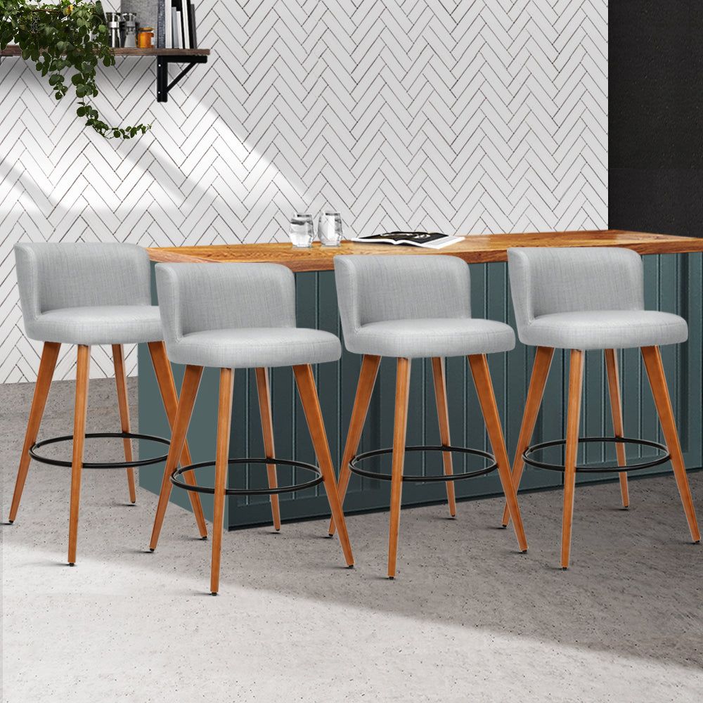 4 Bar Stools with Linen Padded Seats - Solid Wood Frame in Grey - Perfect for Kitchen Island, Breakfast Nook & Home Bar Decor