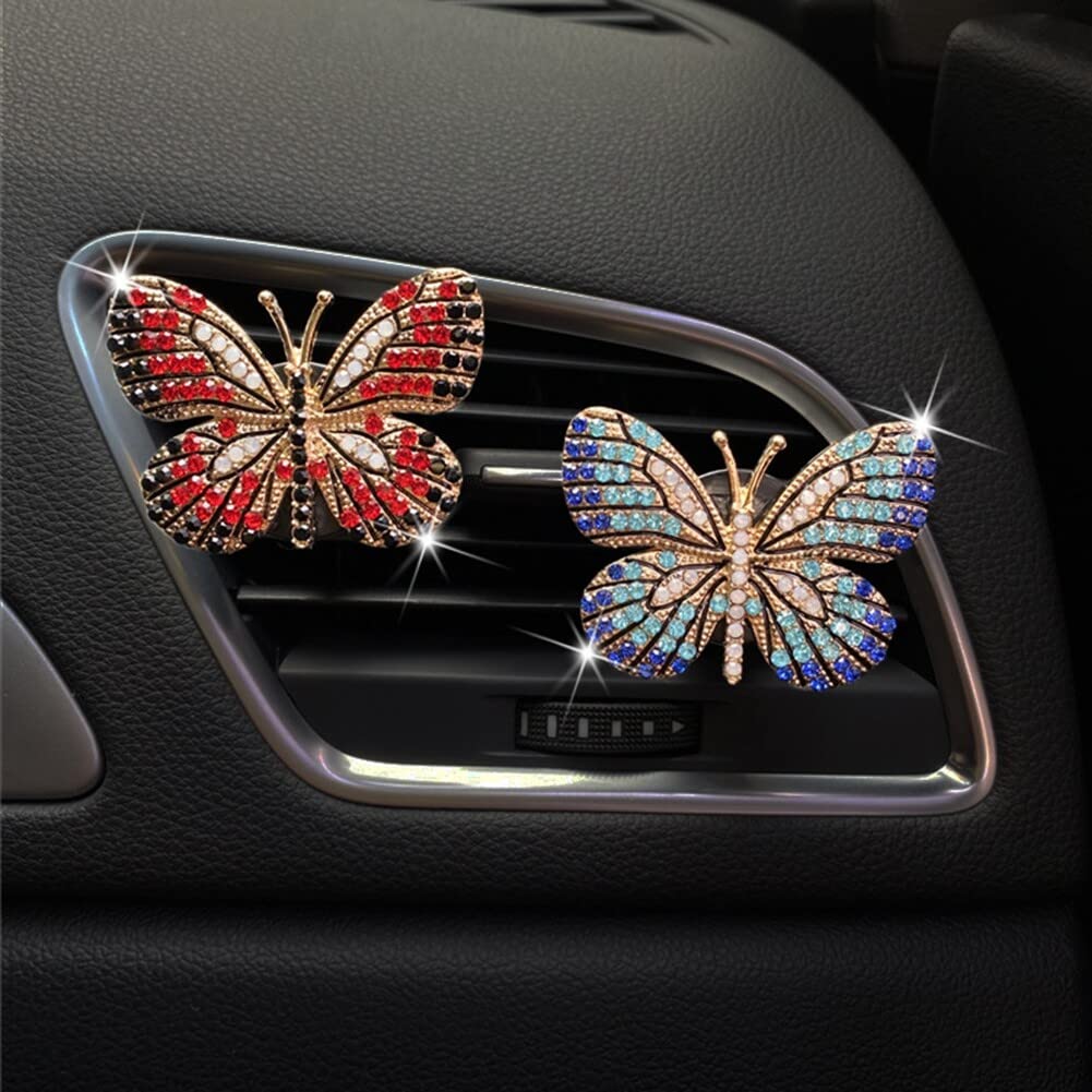 Sparkling Rhinestone Butterfly Car Air Vent Clip - Elegant Bling Car Accessories for Women & Girls | Car Air Freshener & Aroma Diffuser | Perfect for Sedan, SUV, Truck Interior Decoration (Red)