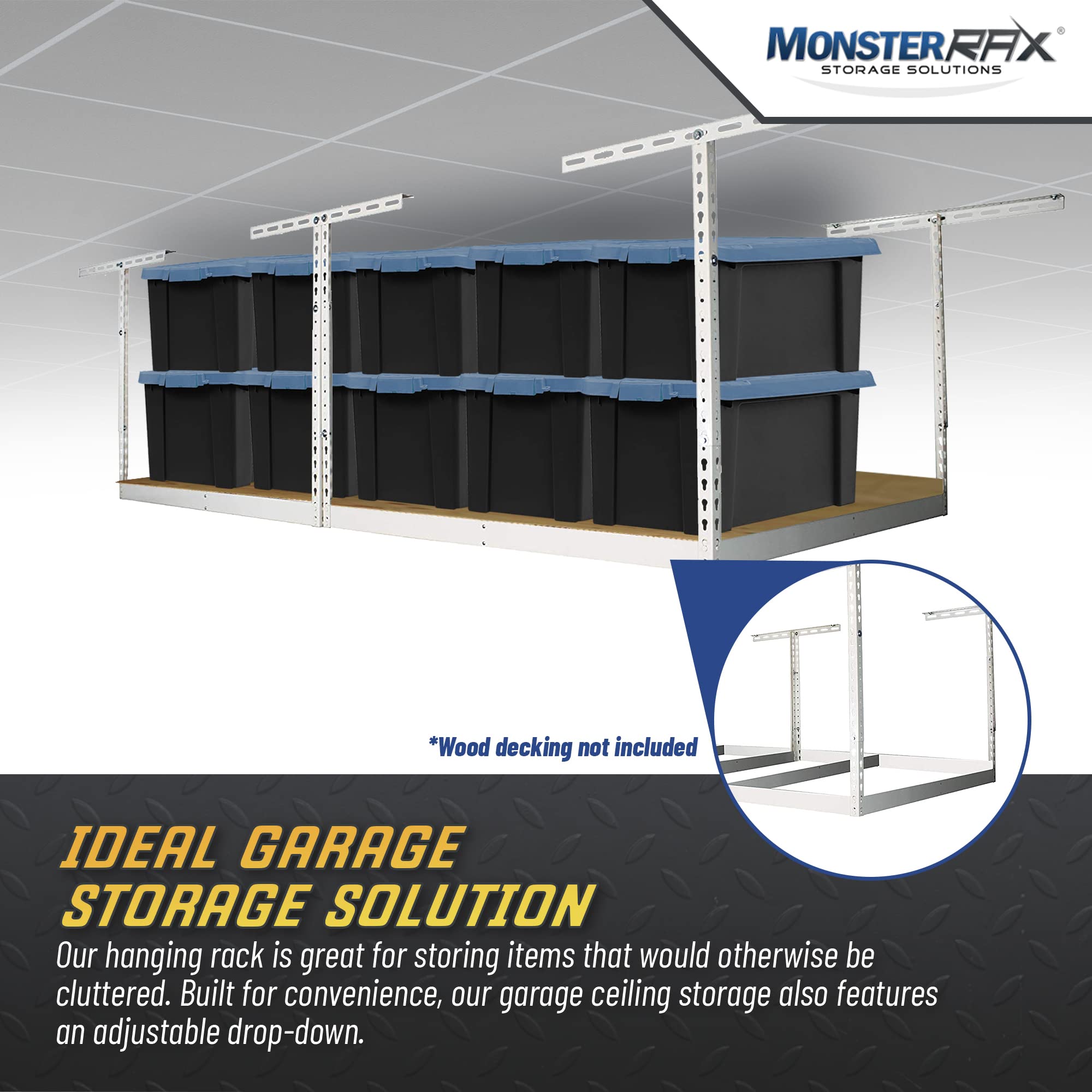 MonsterRax Overhead Storage Rack Kit - Heavy Duty Hanging Shelves for Garage, Attic & Basement Organization - White, 18