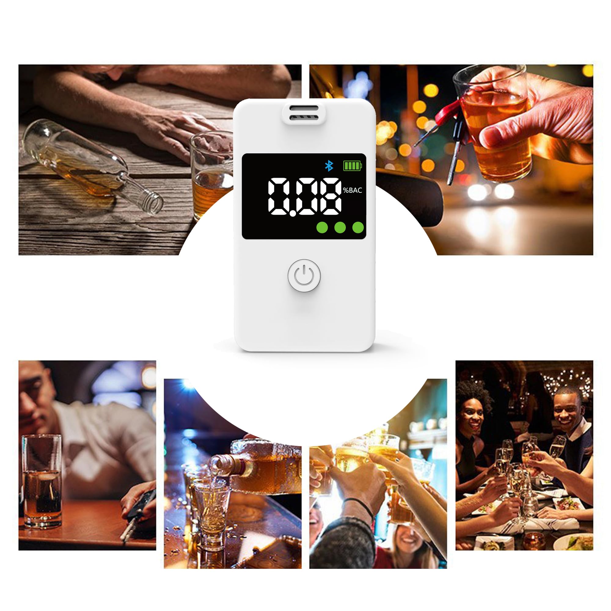 Professional Portable Alcohol Breathalyzer Tester with Bluetooth & Memory Function - High Accuracy Digital Breath Analyzer for Home, Party & Personal Use - White
