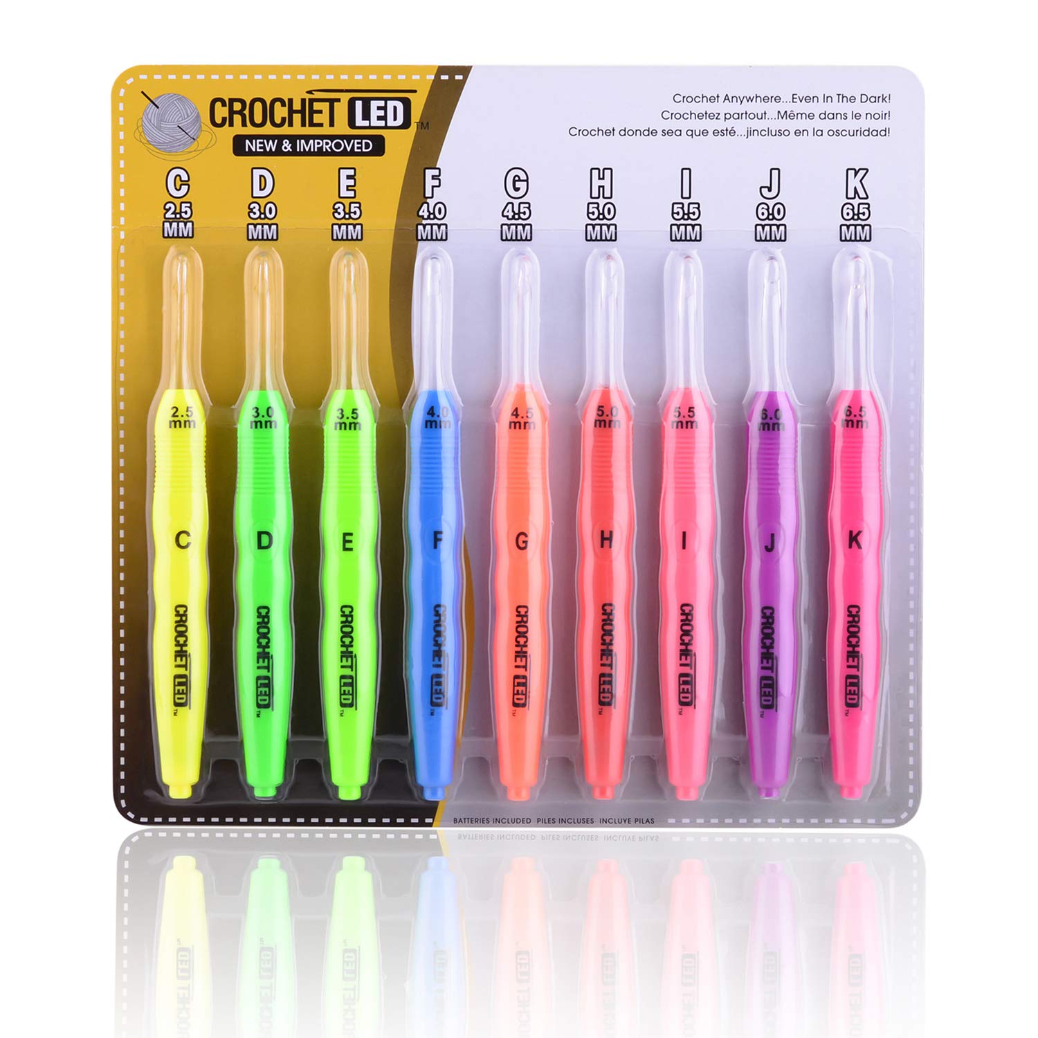 LED Light Up Crochet Hooks Set - 9 Ergonomic Illuminated Crochet Needles (2.5mm-6.5mm) with Color Coded Handles & Storage Organizer - Perfect for Arthritis, Low Light Crocheting & Nighttime Craft Projects