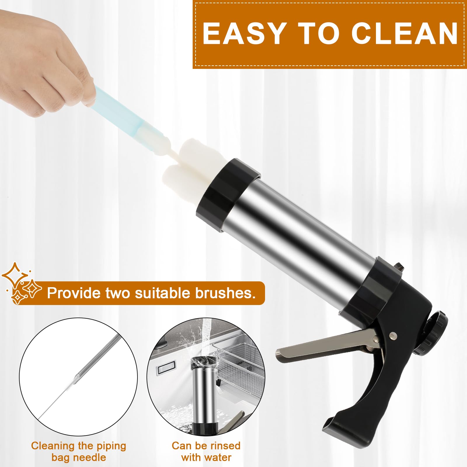 Stainless Steel Churro Maker Machine Kit with 3 Nozzle Tips & Piping Bag - Easy to Clean Hollow Churro Gun with Sponge Brush - Perfect for Home Baking, Parties, and Spanish Dessert Making
