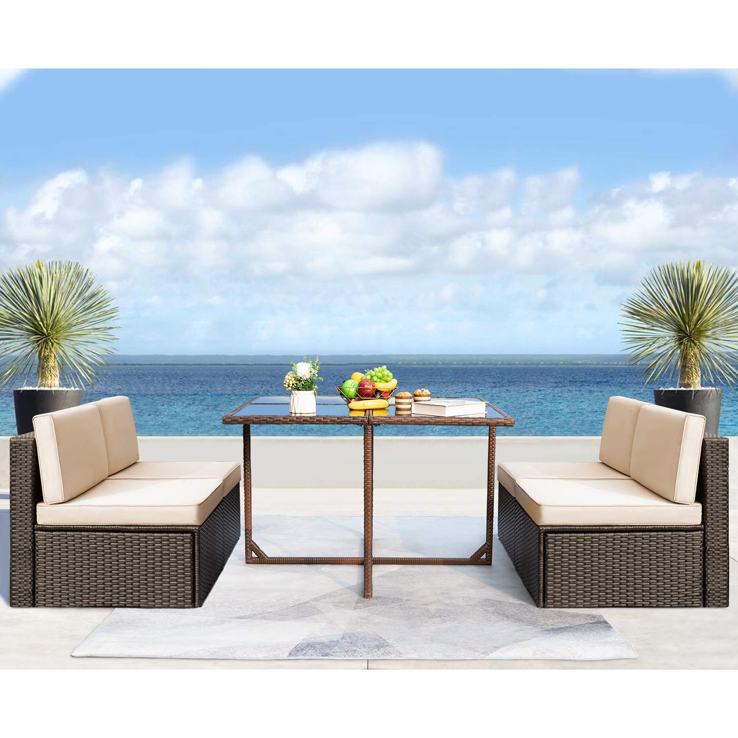 Tuoze 5-Piece Outdoor Patio Dining Set - Rattan Armless Sofa with Tempered Glass Table - Beige Garden Furniture for Backyard, Poolside & Terrace Relaxation