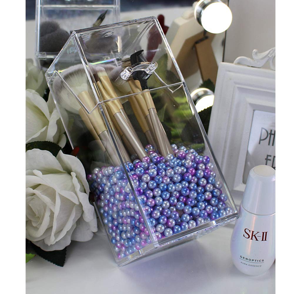 Clear Acrylic Makeup Brush Holder with Pearls - Transparent Dustproof Cosmetic Organizer Storage Box with Lid | Perfect for Vanity, Bathroom & Travel Makeup Organization