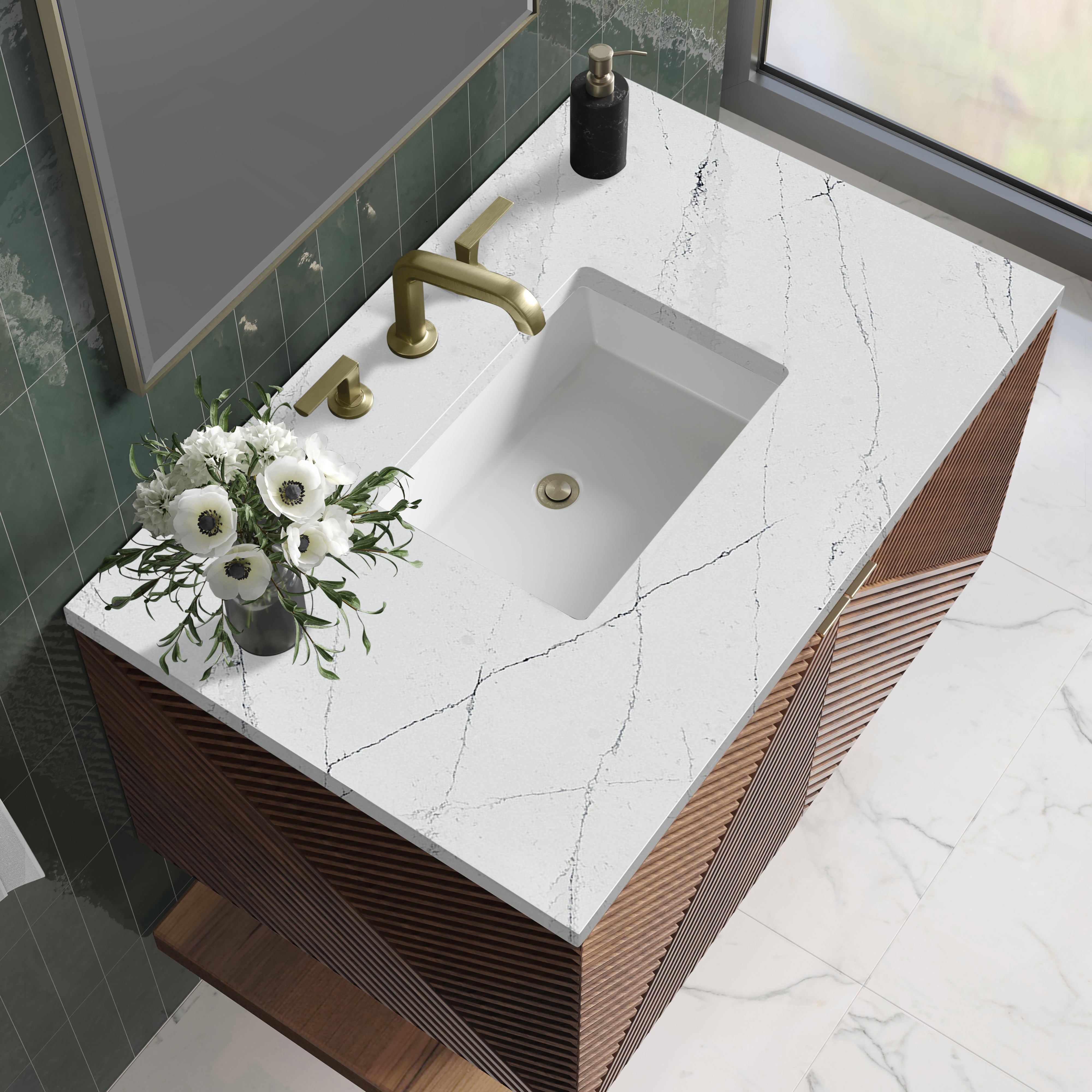 Marcello 36 Inch Single Bathroom Vanity with Sink - Chestnut Finish & 3CM Ethereal Noctis Quartz Countertop | Perfect for Modern Bathroom Remodel & Small Space Solutions