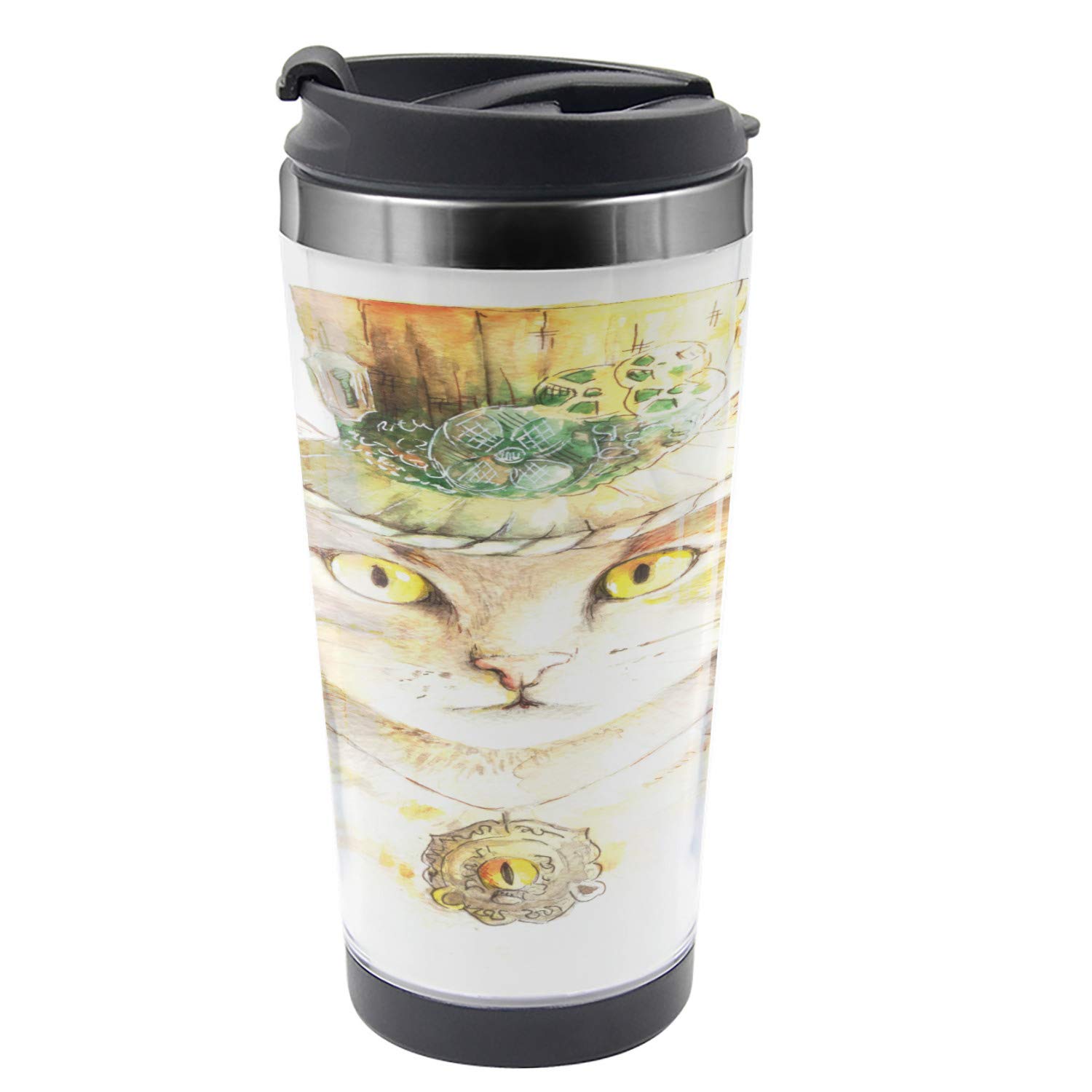Ambesonne Cat Travel Mug - 16 oz Stainless Steel Insulated Coffee Cup with Watercolor Cat Design, Yellow & Grey - Perfect for Hot & Cold Drinks, Office, Commute, Camping & Gifts