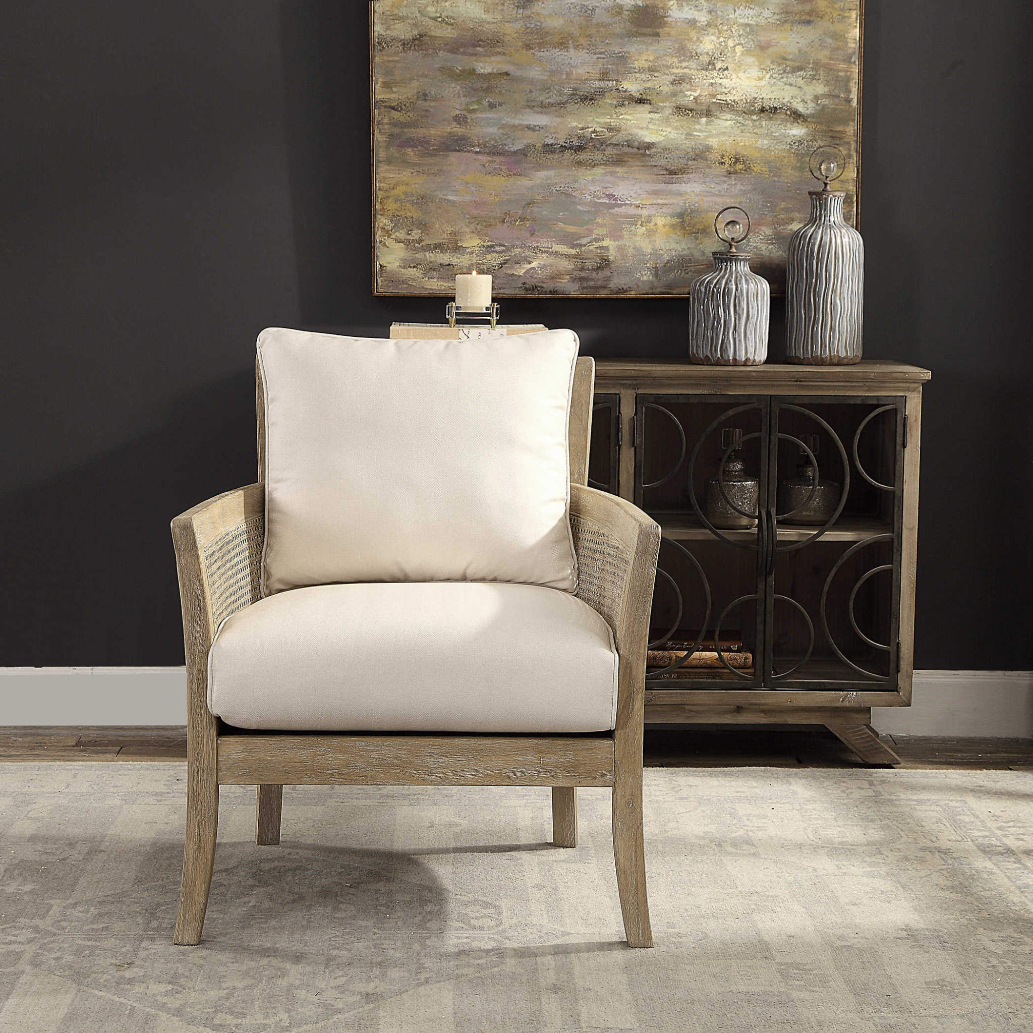 Bleached Sandstone Hardwood & Cane Arm Chair - Mid-Century Modern Dining Chair for Kitchen, Living Room & Office - Comfortable & Stylish Seating Solution
