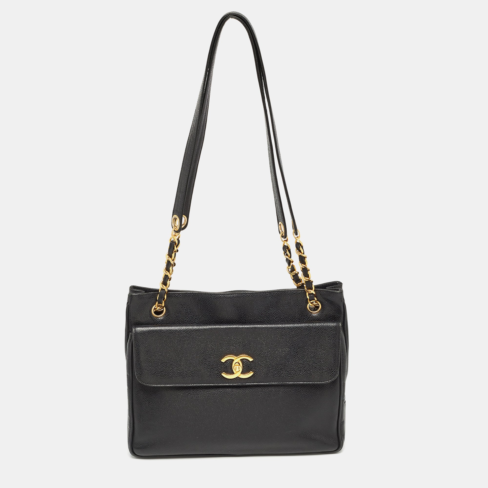 Luxury Black Caviar Leather Shoulder Bag - Classic Pocket Design for Women | Perfect for Work, Travel & Everyday Use