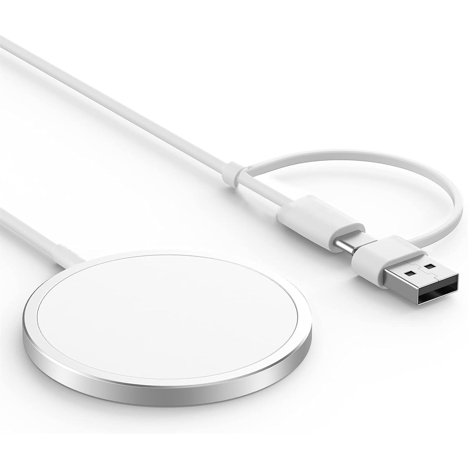 Magnetic Wireless USB-C Fast Charger with Dual Ports - 20W PD Quick Charge for iPhone 15/14/13/12/11 Series & Android Phones | Portable USB Charging Cable | Perfect for Travel, Office & Home Use (Silver)