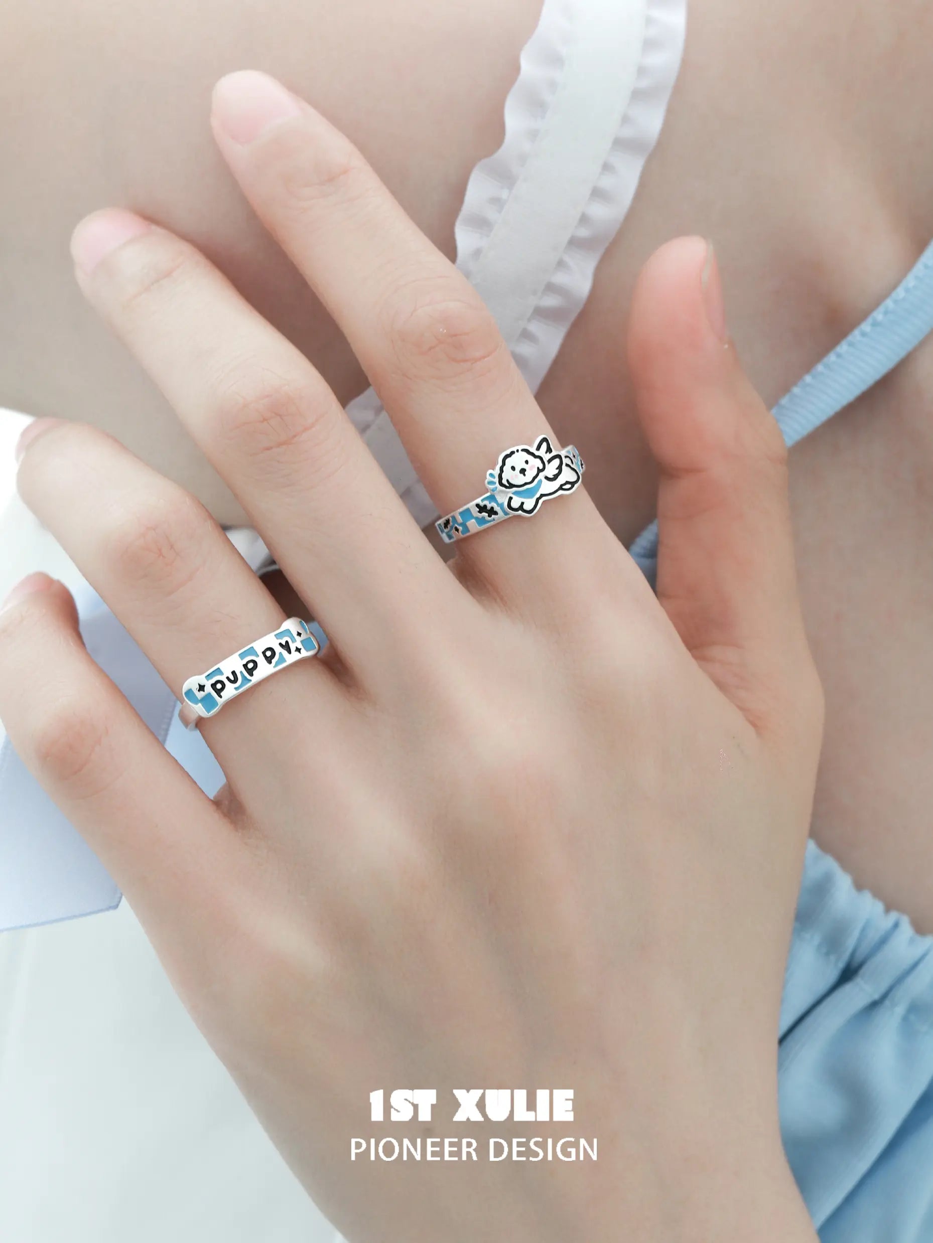 Angel Cuties 925 Sterling Silver Hand-Painted Colorful Resin Kitten & Puppy Ring - Cute Animal Jewelry for Women, Perfect Gift for Cat & Dog Lovers (Birthday, Valentine's Day, Anniversary)