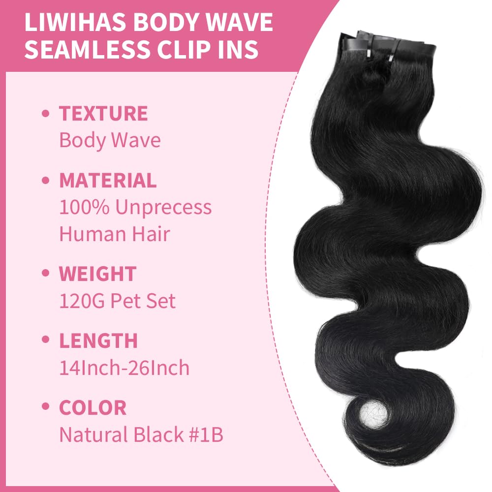 Seamless Clip-In Human Hair Extensions – 8pcs 120g Invisible PU Skin Weft Body Wave 100% Remy Human Hair for Black Women (26 Inch Natural Black) – Perfect for Daily Styling, Parties & Special Occasions