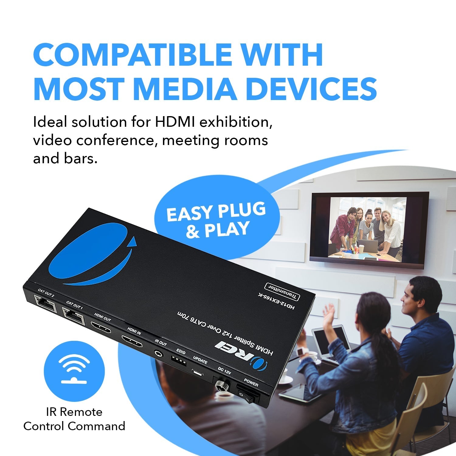 1x2 HDMI Extender Splitter Over CAT6/7 Cable - 165ft Range with Loop Out, IR Control & EDID (HD12 EX165 K) - Perfect for Home Theater, Conference Rooms & Multi-Display Setups