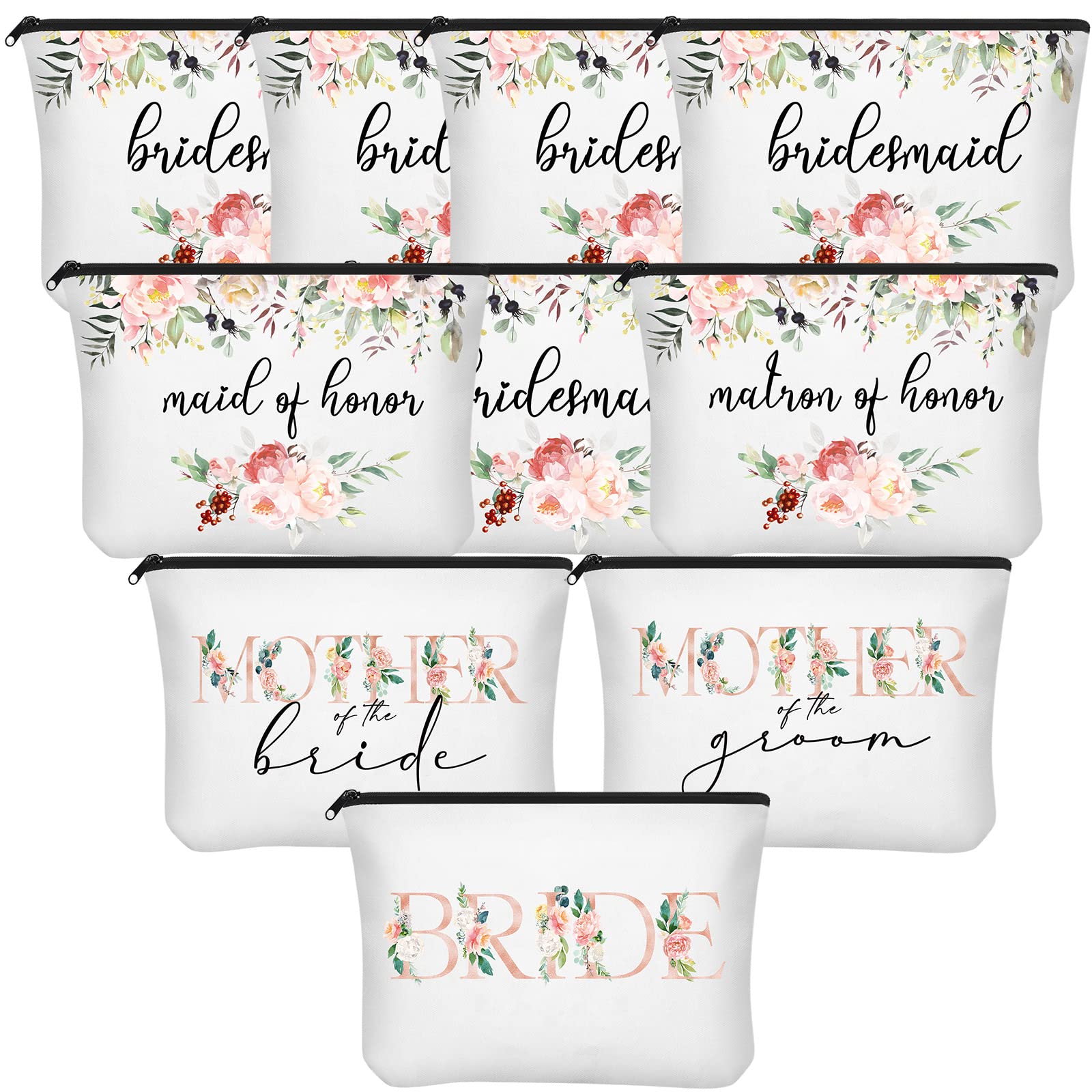 10 Pack Floral Print Bridesmaid Makeup Bags - Wedding Cosmetic Bags for Bride & Bridesmaids, Canvas Gift Bags for Bridal Shower & Wedding Party - Perfect for Travel, Bachelorette Parties & Bridal Events
