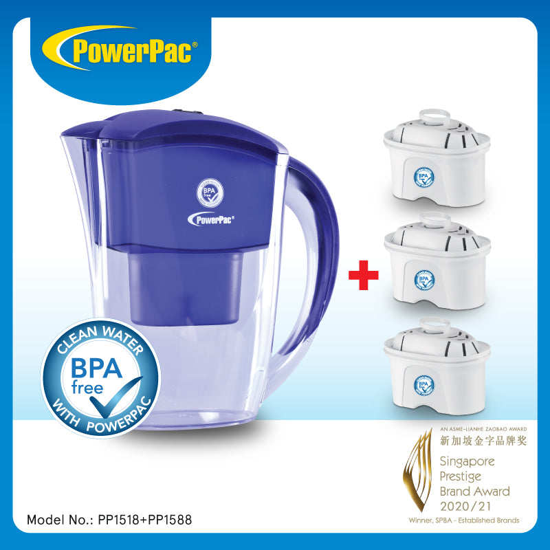 Premium Water Filter Pitcher with 3 Replacement Cartridges - BPA-Free Water Purifier System (PP1518+PP1588) for Clean Drinking Water at Home, Office & Travel
