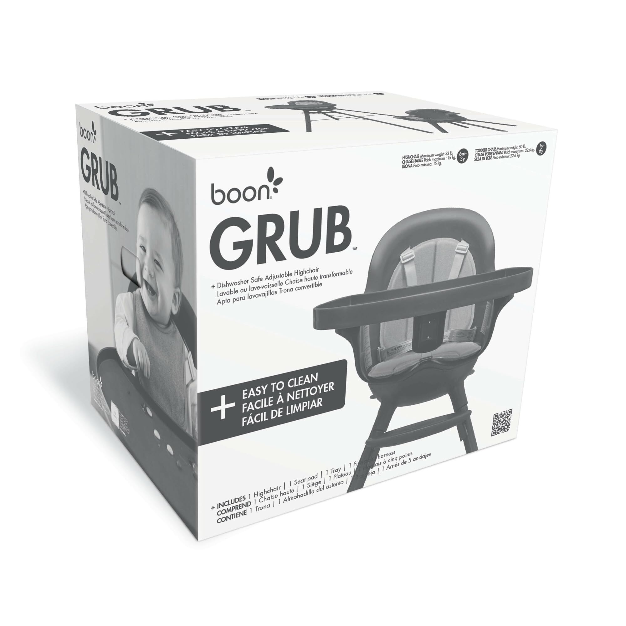 Boon Grub Adjustable Baby High Chair with Dishwasher Safe Seat - Convertible Toddler Feeding Chair for 6 Months to 6 Years - Gray - Perfect for Home, Restaurant & Travel Use
