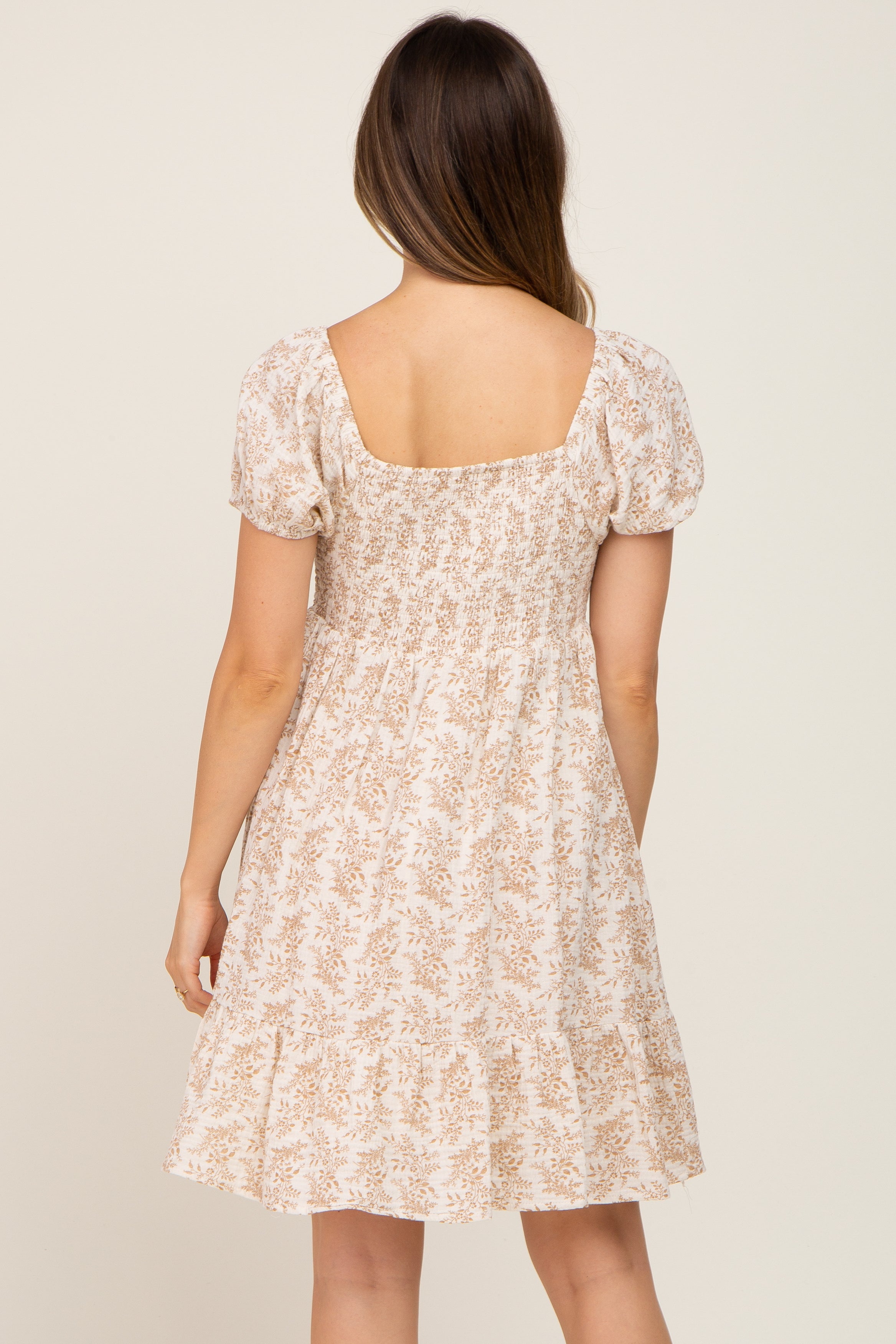 Beige Floral Maternity Dress with Puff Sleeves - Breathable Gauze Fabric, Mini Length for Pregnancy & Nursing - Perfect for Baby Showers, Maternity Photos & Summer Outings