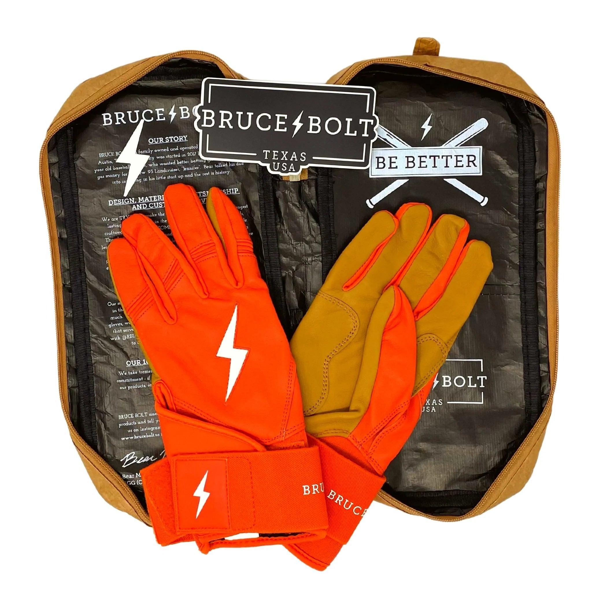 Bruce Bolt PREMIUM PRO Long Cuff Batting Gloves - Orange | High-Performance Baseball & Softball Gloves for Hitting & Training | Perfect for Games, Practice & Batting Cages