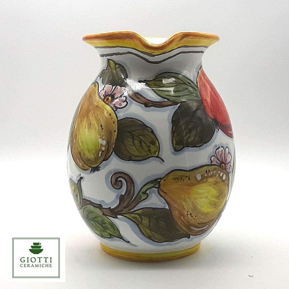 Italian Ceramic Pitcher 33oz - Hand Painted Fruit Design Kitchen Carafe & Utensil Holder - Tuscan Pottery Wine Dispenser - Authentic Italy Home Decor for Dining Table, Kitchen Counter & Gift Giving