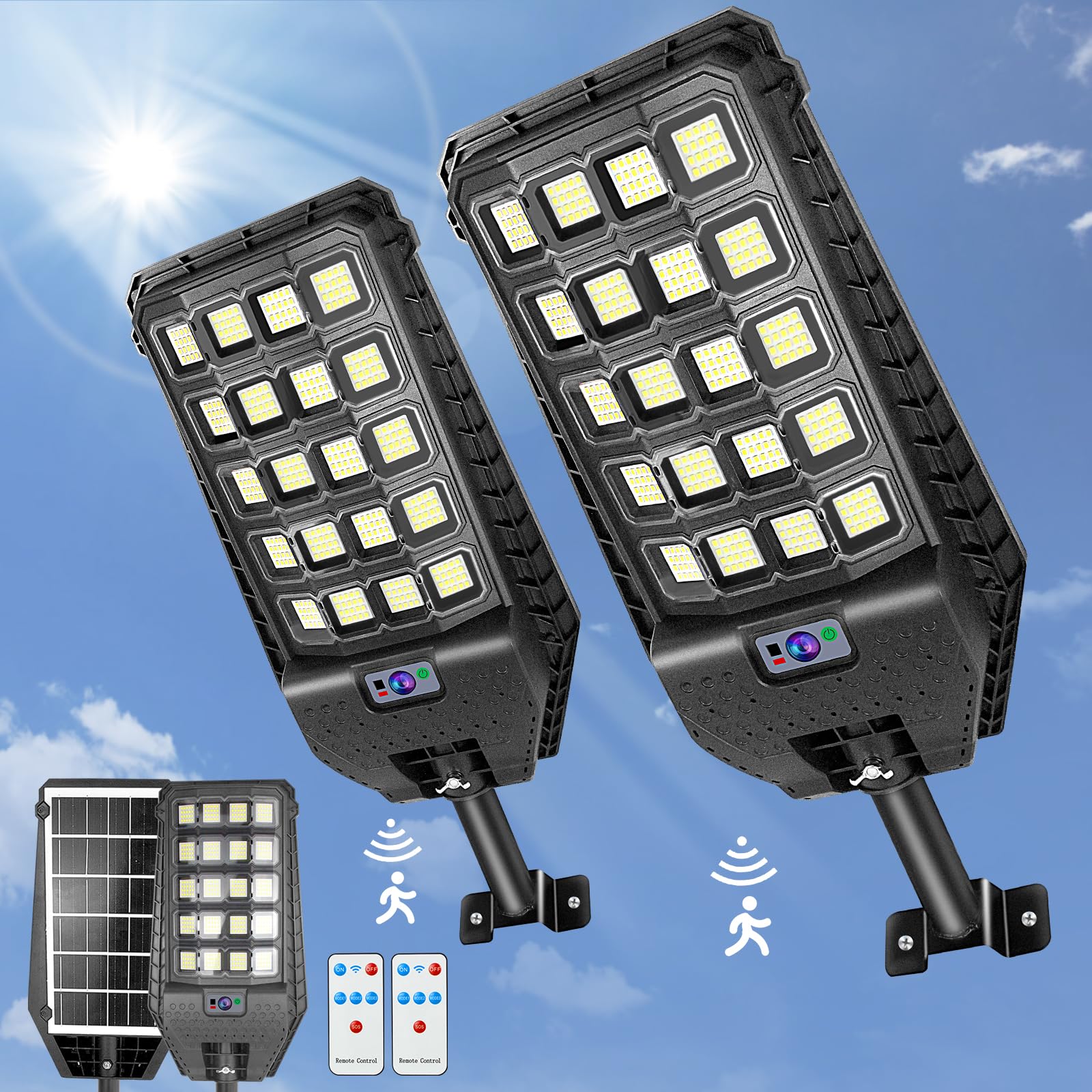 2 Pack Solar Motion Sensor Lights Outdoor - 1000LM 400 LED Waterproof Security Lights with Wide Angle Detection for Parking Lots, Streets, Garages & Gardens | Solar Powered Outdoor Lighting for Pathways, Driveways & Backyards