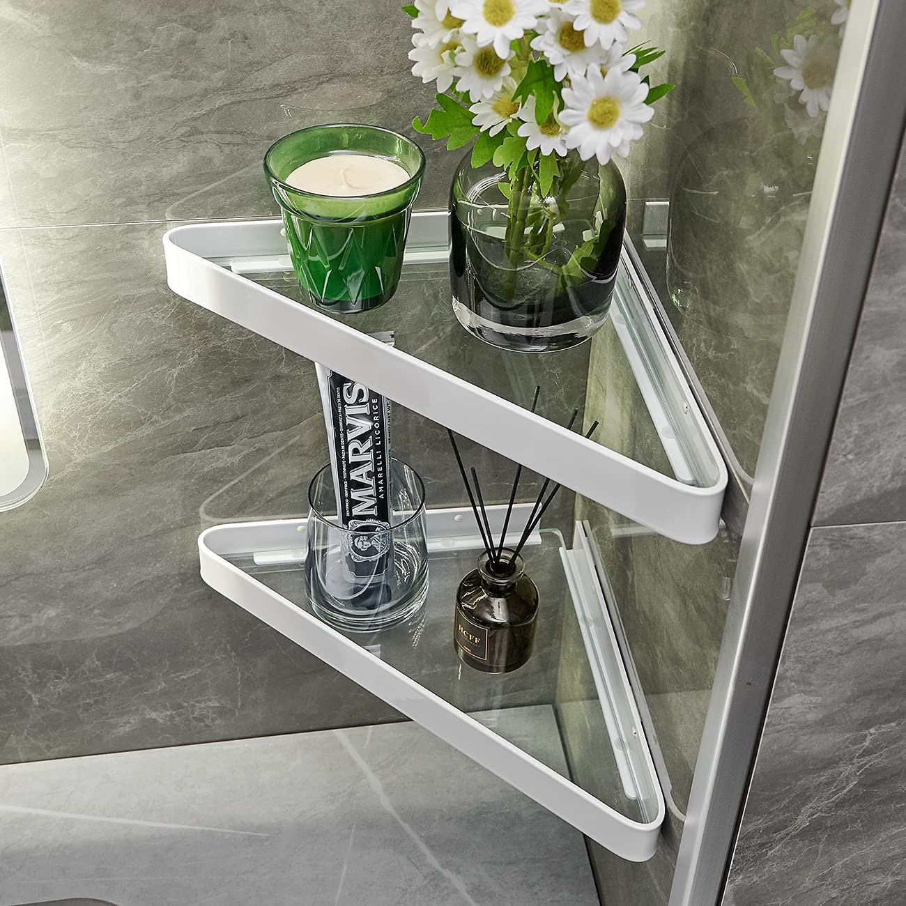 VOLPONE 2-Tier Wall Mounted Bathroom Shelves - Tempered Glass Corner Floating Shelf for Bathroom Storage & Organization (White) - Perfect for Shower Caddies, Soap Dispensers & Towel Storage