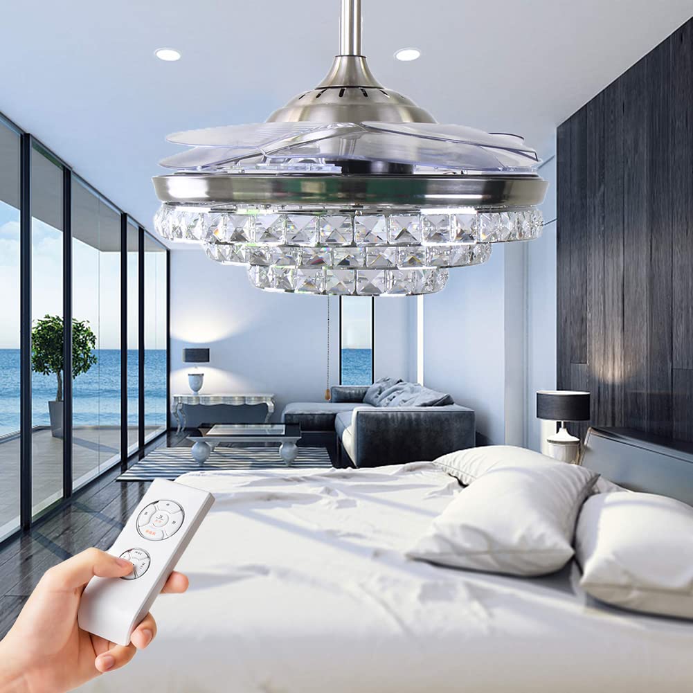 42 Inch Crystal Ceiling Fan with Light and Remote Control - Modern LED Chandelier Fan with Retractable Blades for Dining Room, Living Room, Bedroom - Silver Finish - Energy Efficient & Quiet Operation