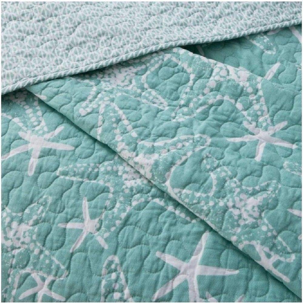 King Size Tropical Quilt Set - Blue Coastal Bayside Starfish Print 3-Piece Bedding Set | Underwater Animals Nautical Design Reversible Comforter | Ultra Soft Cotton Summer Beach Bedroom Decor | Perfect for Coastal Themed Master Bedrooms & Vacation Homes