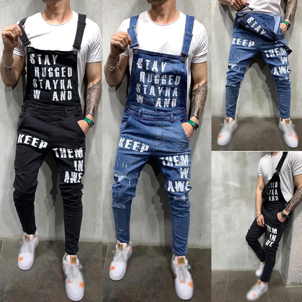 HHuiXinXue Men's Skinny Denim Jumpsuit - Trendy Letter Printed Overalls for Work & Casual Wear (Black, XXL) | Stylish Coveralls for Men, Fashionable Workwear, Comfortable Daily Outfit