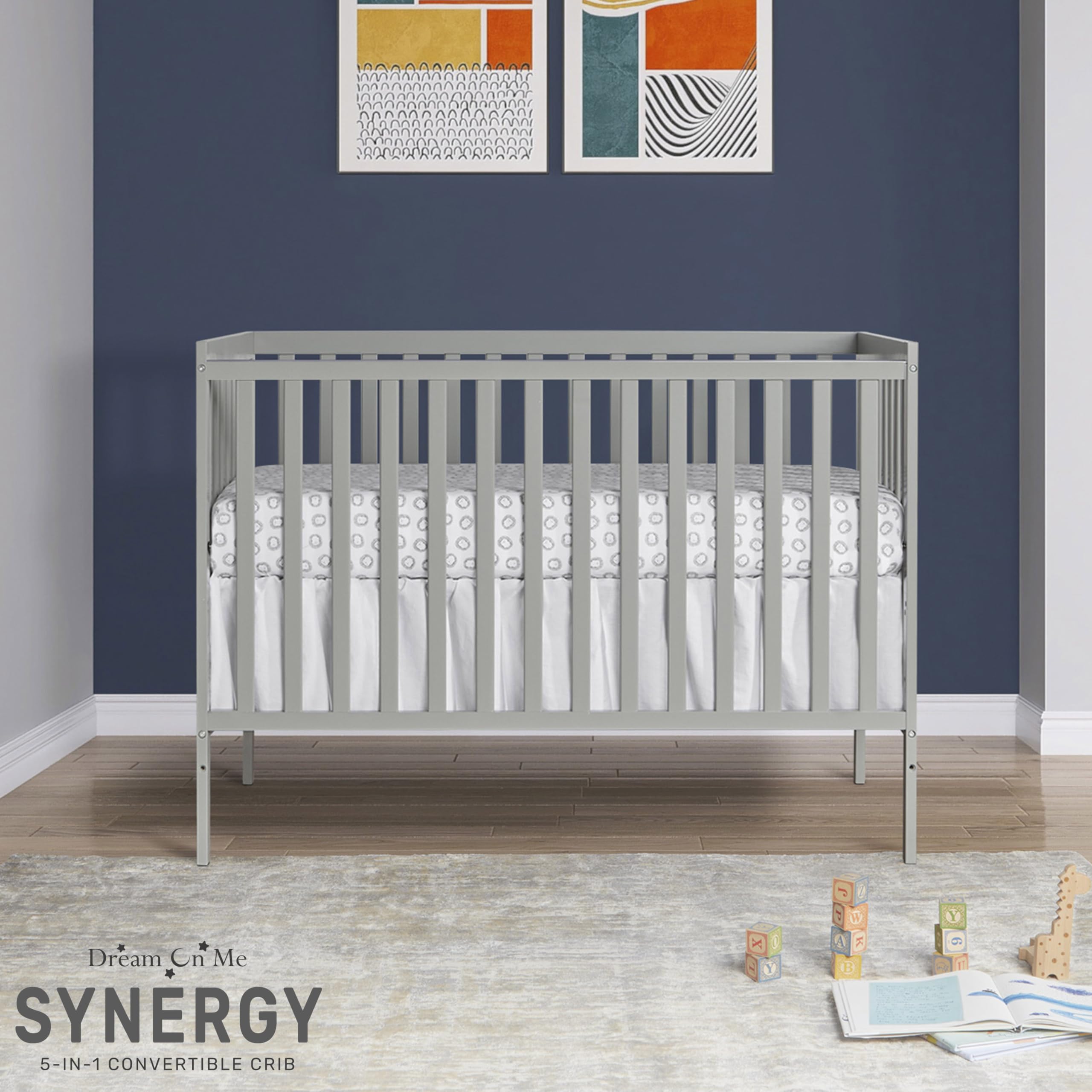 Dream On Me Synergy 5-in-1 Convertible Crib - Cool Grey | JPMA & Greenguard Gold Certified | Solid Reclaimed New Zealand Pine Wood | 3 Adjustable Mattress Heights | Perfect for Nursery, Bedroom & Daycare Use