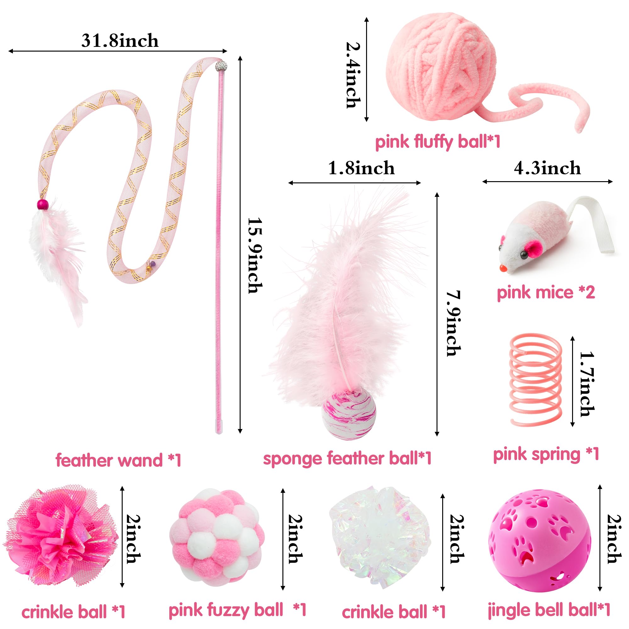 10Pcs Interactive Cat Toy Set - Feather Teaser Wand, Springs, Mice, Crinkle Balls & Bell Balls - Fun Puzzle Toys for Indoor Cats - Perfect Gift for Kitty Playtime (Pink) | Great for Boredom Relief & Exercise