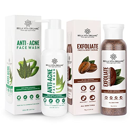 Organic Coffee Scrub for Face & Body - Brightening, Detan & Acne Control with Neem, Basil, Tea Tree & Aloe Vera | Exfoliating Skin Care for Glow & Oil Control | Perfect for Daily Skincare Routine & Spa Treatment at Home