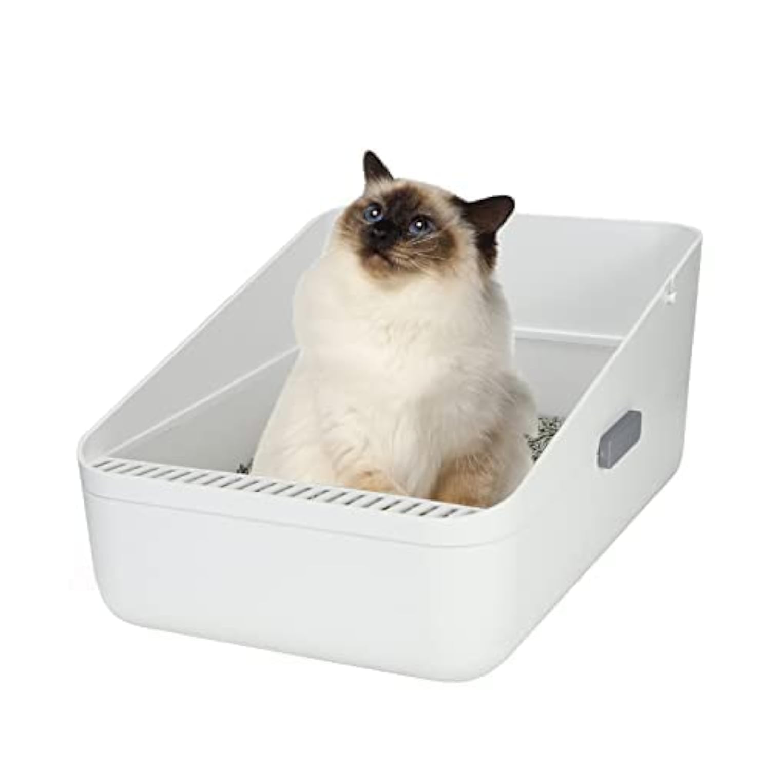 Open Top Cat Litter Box - Easy to Clean & Assemble, Anti-Splash High Sides, Durable Sifting Litter Pan for Small Cats (White, Medium) - Perfect for Home, Apartment & Multi-Cat Households