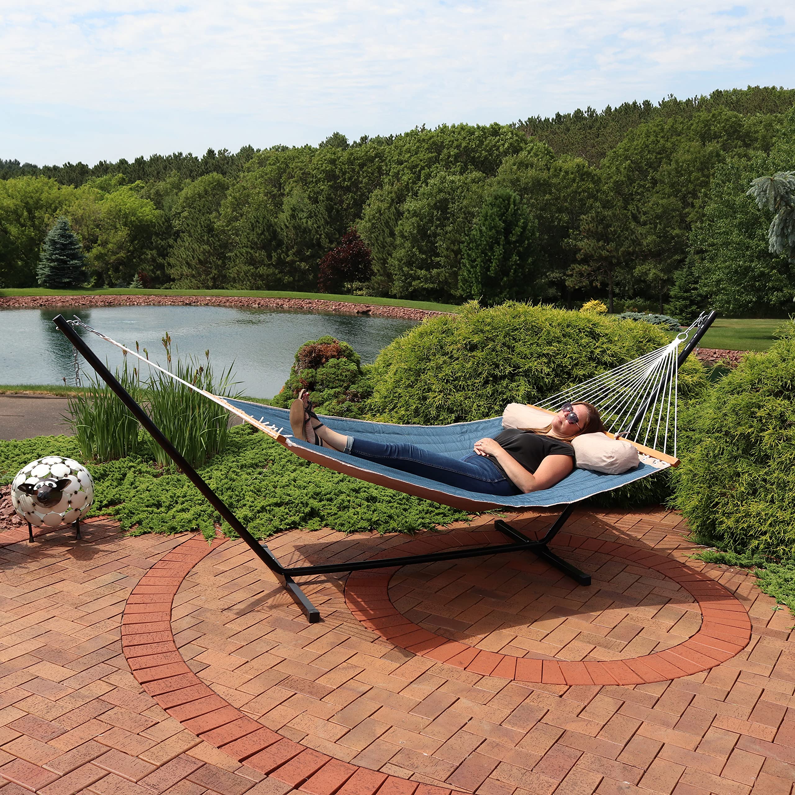 Sunnydaze Double Quilted Fabric Hammock with Stand & Pillow - 350lb Weight Capacity - Black Steel Frame - Tidal Wave Design - Perfect for Backyard, Patio, Beach & Camping Relaxation