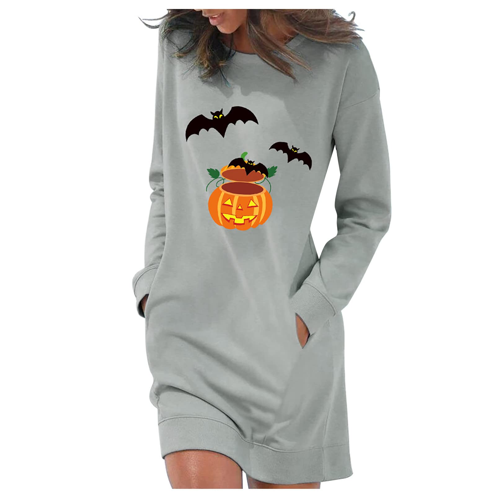 Funny Skull Print Spring Dresses for Women 2022 - Long Sleeve Halloween Slim Crewneck Mini Casual Dress | Perfect for Halloween Parties, Cosplay Events & Gothic Fashion