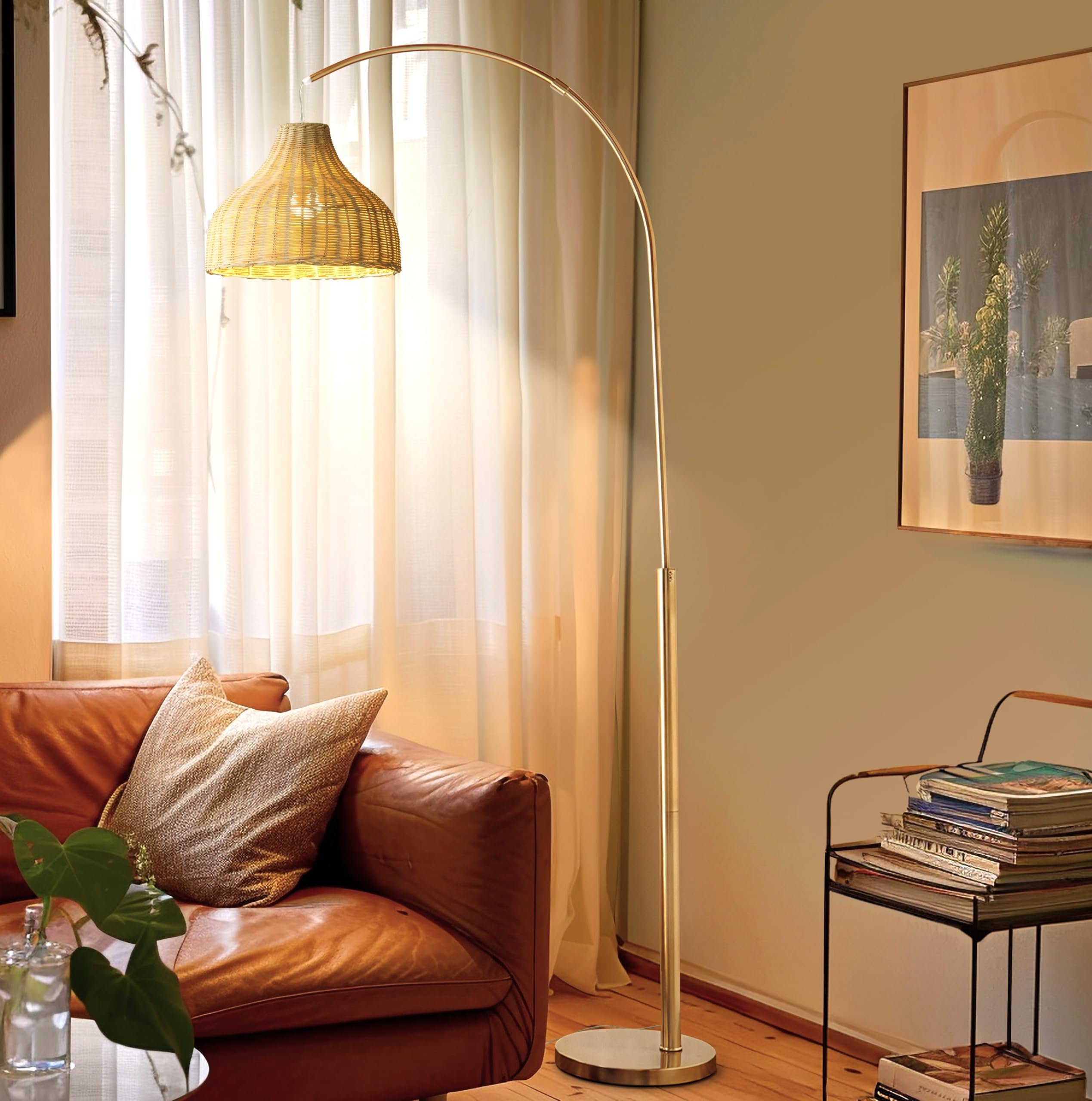 Brightech Lark Arc Floor Lamp with Hanging Wicker Shade - Modern Standing Lamp for Living Room, Bedroom & Office - Adjustable Reading Light with Brass Finish - Perfect for Boho Decor, Home Office & Cozy Reading Nook