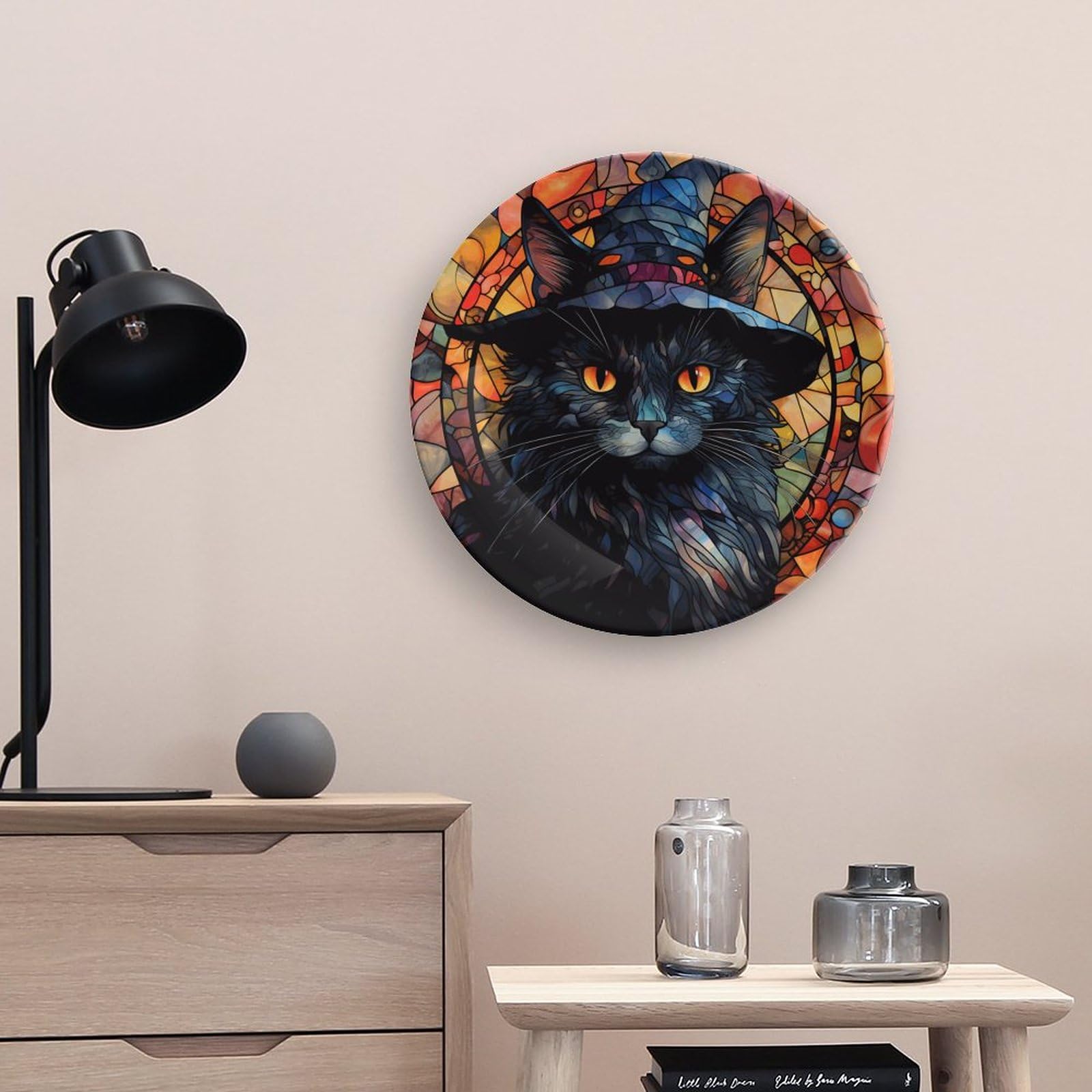 Halloween Decorative Wall Hanging Plates - Black Cat Witch Hat Ceramic Plate with Stained Glass Print & Display Stand, 10 Inch Farmhouse Round Tray for Kitchen Cabinets - Perfect for Spooky Home Decor, Halloween Party Table Settings & Gothic Interior Design
