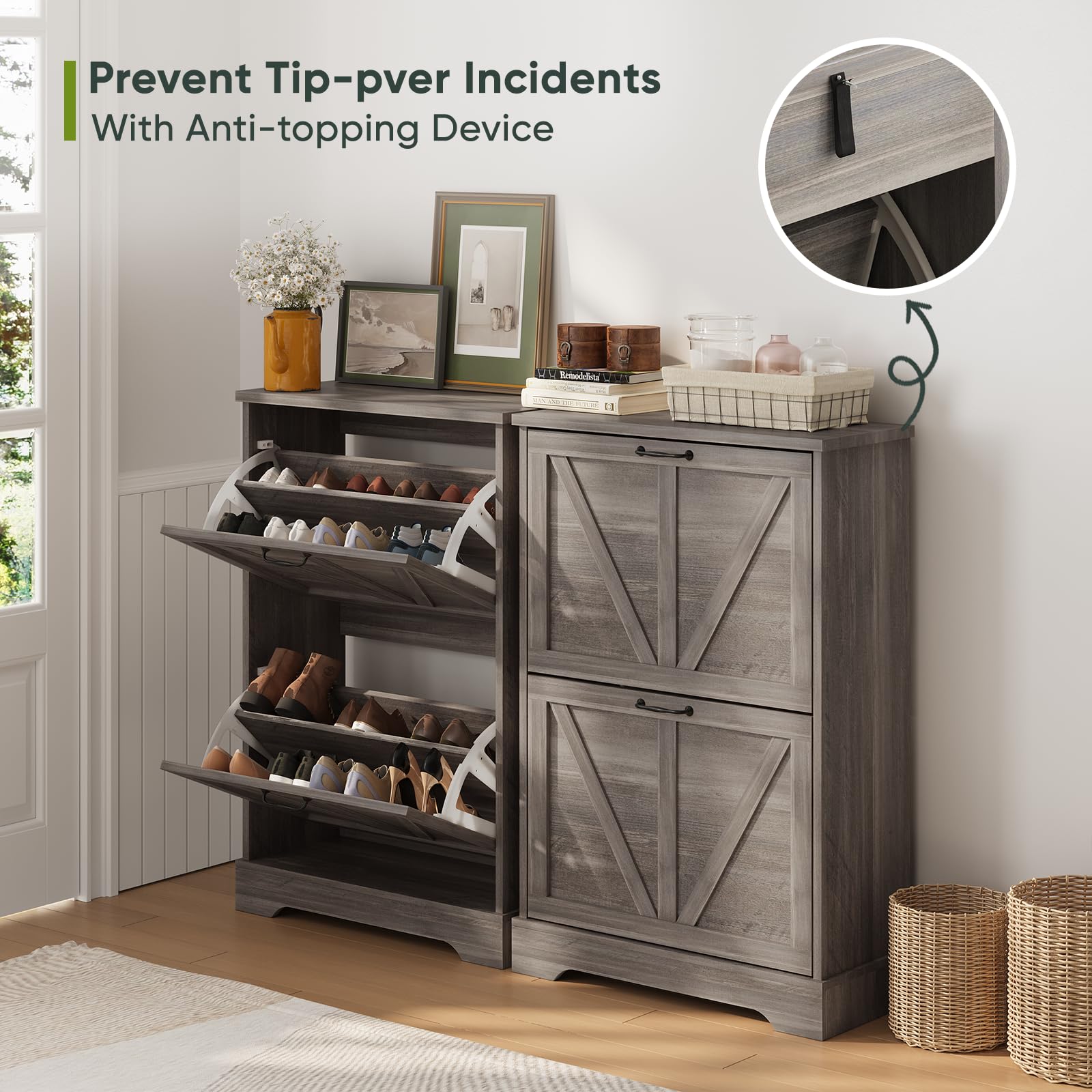 Slim Shoe Rack Cabinet - Narrow Entryway Storage Organizer with Wooden Feet & 2 Flip Drawers | Farmhouse Style Shoe Organizer for Hallway, Closet, Bedroom (Grey)