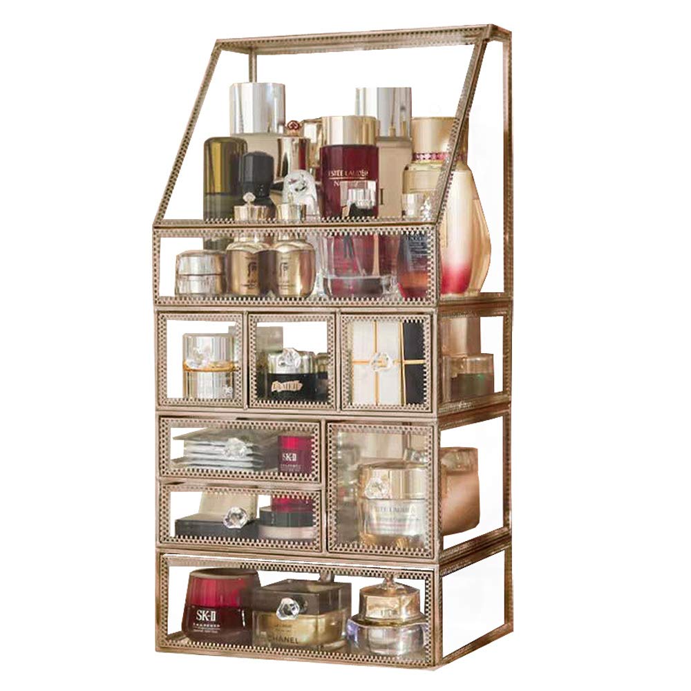 Antique Bronze Stackable Makeup Organizer with 4-Tier Mirror Glass - 3-Layer Drawer Vanity Storage for Perfume, Skincare & Bathroom Accessories | Dust-Free Cosmetic Case Holder for Countertop | Perfect for Bedroom, Bathroom & Dressing Table Organization