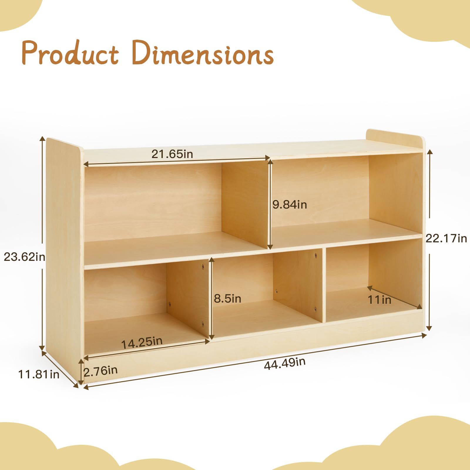 Montessori Wooden Toy Storage Organizer - 2-Shelf Bookcase & 5-Section Cabinet for Kids Books & Toys | Natural Wood Nursery Shelf for Playroom, Kindergarten & Toddler Bedroom Organization