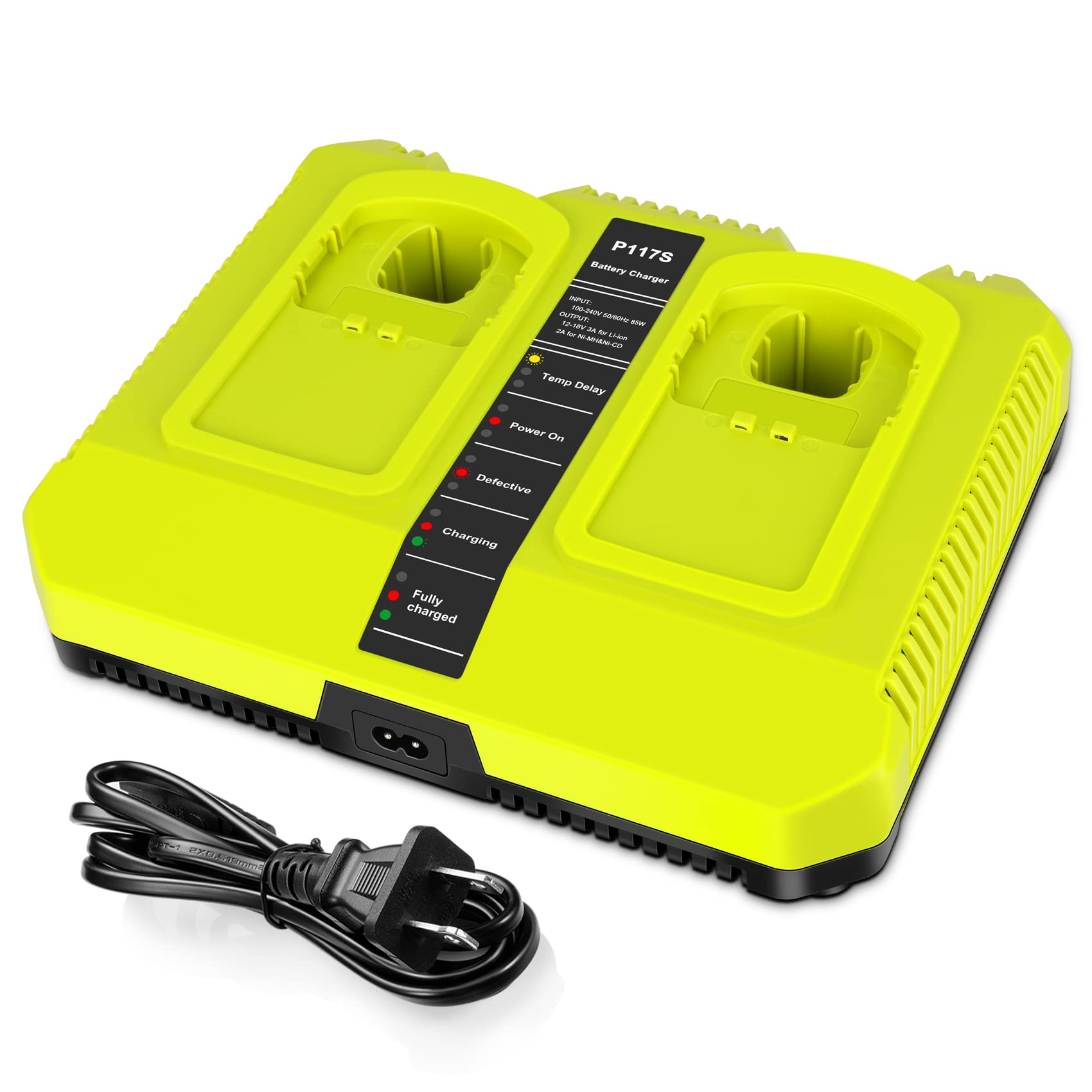 18V Fast Charger for Ryobi One+ 18V Batteries - P117 Dual Slot Charger Compatible with P102 P108 P100 P103 P105 P107 P189 P197 P190 PBP005 - Ideal for Power Tools, Drills, and Outdoor Equipment